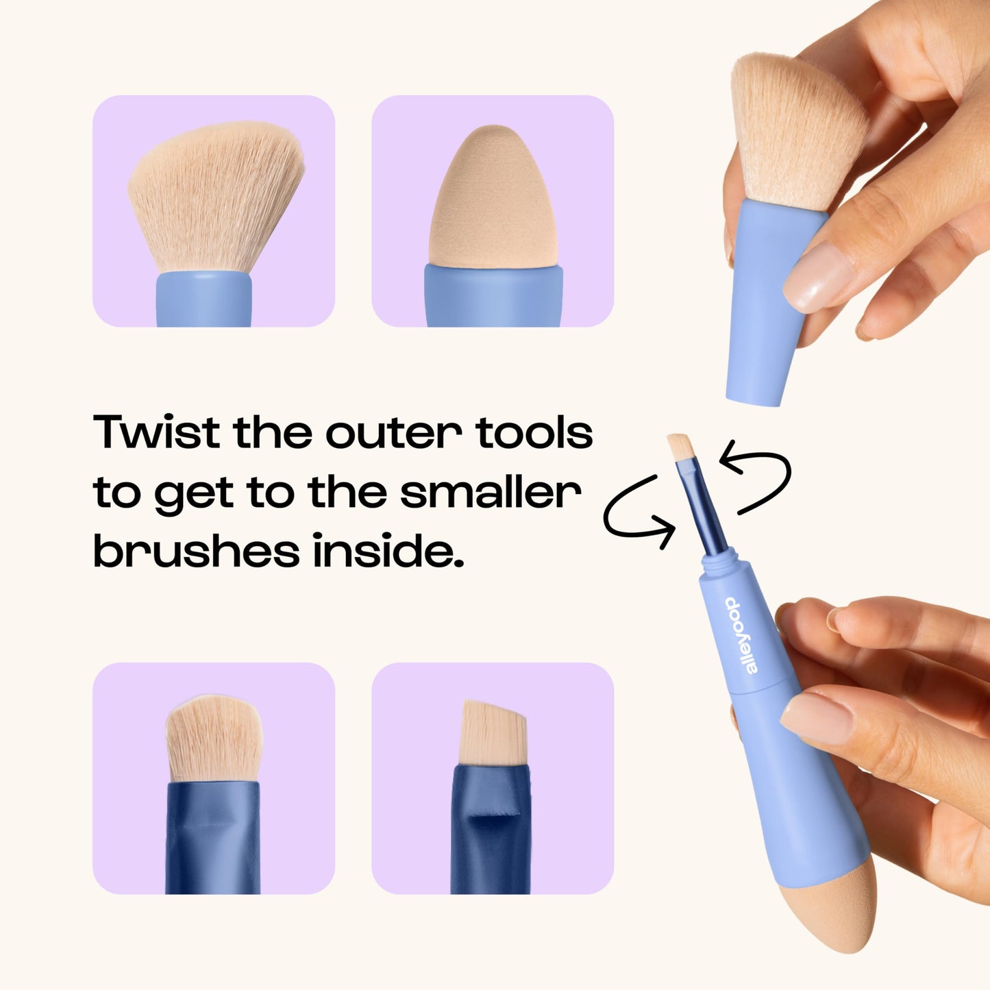 Makeup Brush Set Alleyoop Multi-Tasker 4-in-1 Travel Make Up Brush Set + Blending Sponge Refill Pack – Compact Makeup Brushes for Foundation, Blush, Bronzer, Contour, Eyeshadow, Brows & Liner