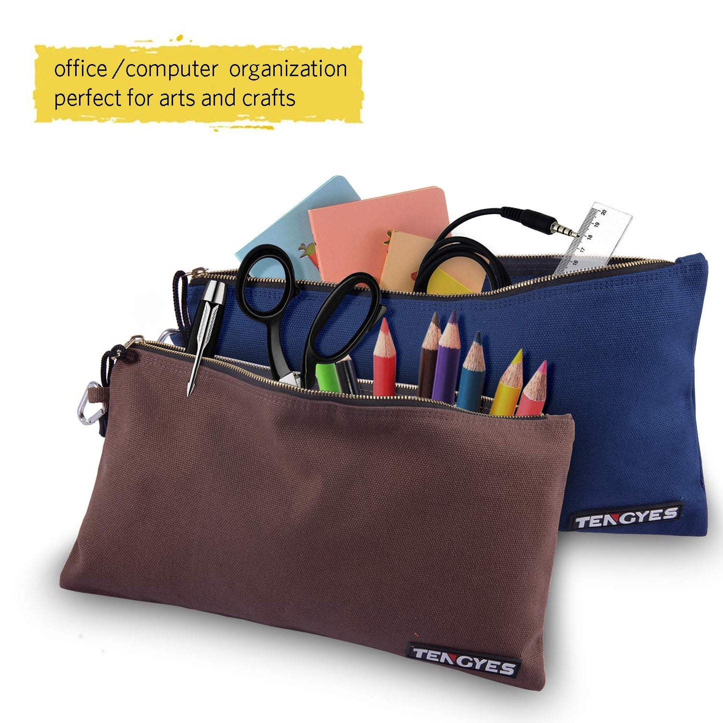 TENGYES Canvas Tool Pouch Zipper Bag - 5 Pack Utility Bags Heavy Duty Metal Zippers Pouches with Carabiner, Multi Storage Organizer Clip on Tote Bags