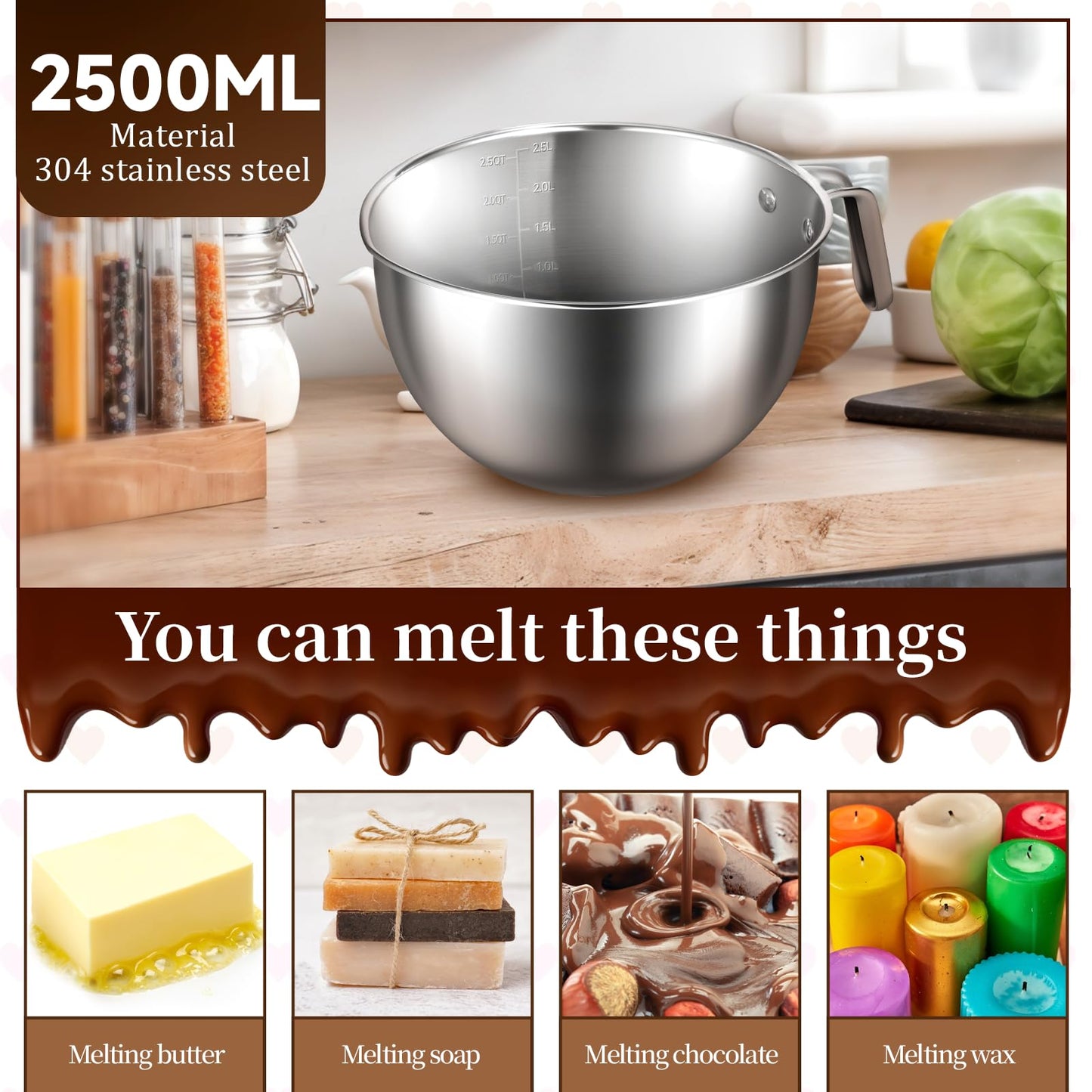 BOHUIZ 304 Stainless Steel Double Boiler with Spatula and Spoon, 4.2QT Dual-Handle Pot 2.6QT Melting Bowl with Scale and Handle Stackable Water Bath Melting Pot Set for Chocolate, Butter, Sugar, Wax
