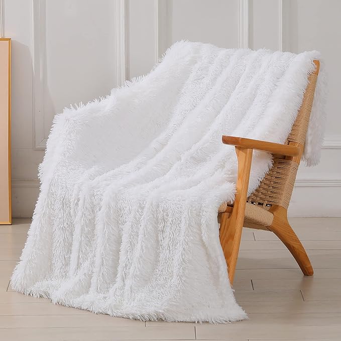 Tuddrom Decorative Extra Soft Faux Fur Blanket Queen Size 80"x90",Solid Reversible Fuzzy Fluffy Plush Fur Blanket for Couch Sofa Bed,Pure White