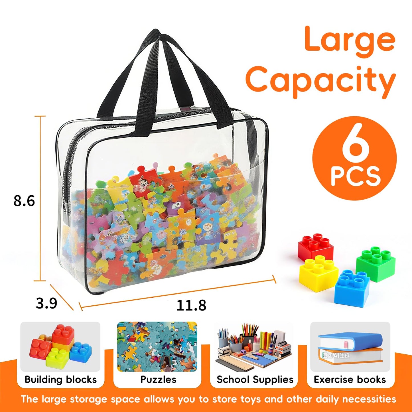 Dismok 6 Pcs Storage Bags with Zipper - Large Board Game Storage with Labels, Clear & Waterproof Toy Organizer for Building Blocks, Puzzles (Black)