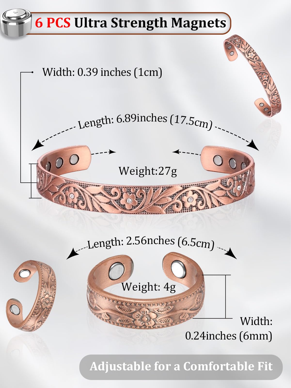 BioMag Copper Bracelet & Ring for Women, 99.99% Pure Copper Magnetic Bracelet Lymphatic Drainage Rings with 3500 Gauss Magnets, Adjustable & Flower Pattern (Copper-D)