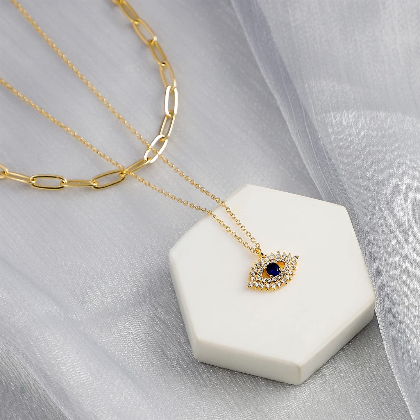 MEVECCO Layered Blue Evil Eyes Necklace Handmade 18k Gold Plated Dainty CZ Third Eyes Pendant Double Layer Lucky Necklace for Women