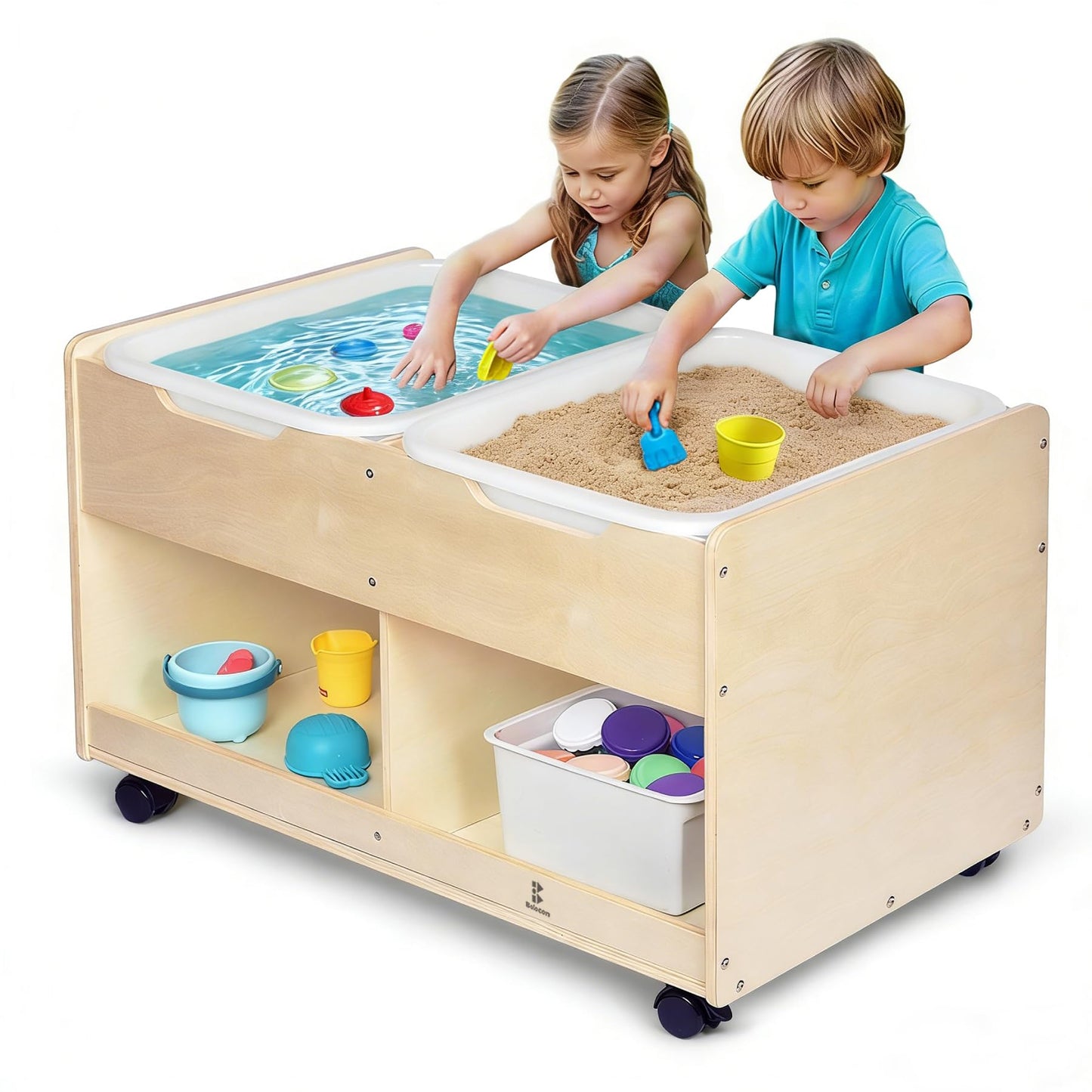 Bolocon Sand and Water Activity Table for Kids, Sensory Table w/Dual Deep Sand/Water Bins & 2 Bottom Storage Compartment & Lockable Casters, Indoor/Outdoor Activity Play