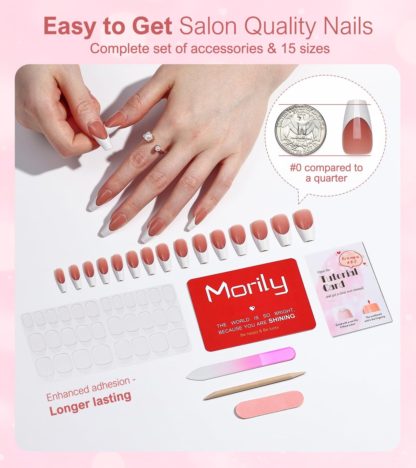 Morily Pink White French Tip Press on Nails - 30Pcs Thicker Fake Nails with Design, Full Cover Long Coffin False Nails Reusable Acrylic Stick on Nails in 15 Sizes, Include Glass File
