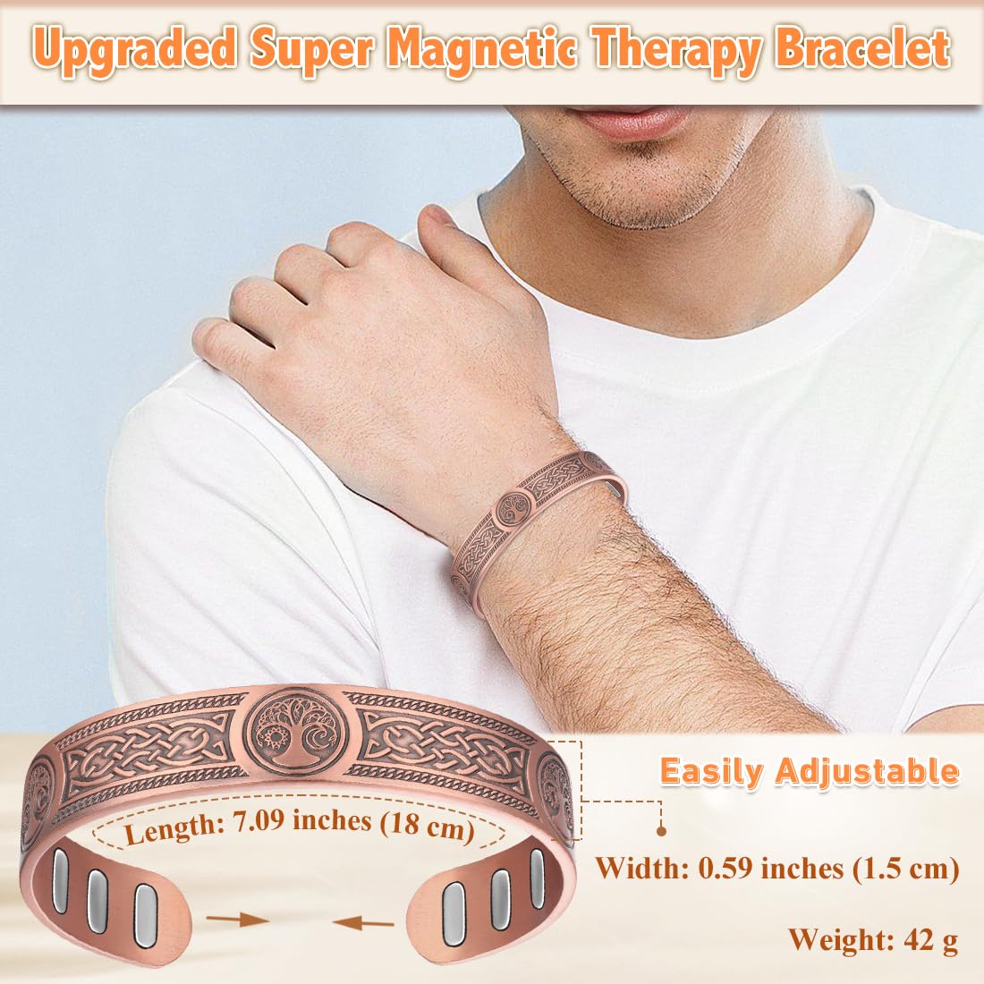 Cigmag Copper Bracelet for Men, with Powerful 9X 5000 Gauss Magnets, Adjustable Solid Pure Copper (Viking Sun Moon Life Tree)