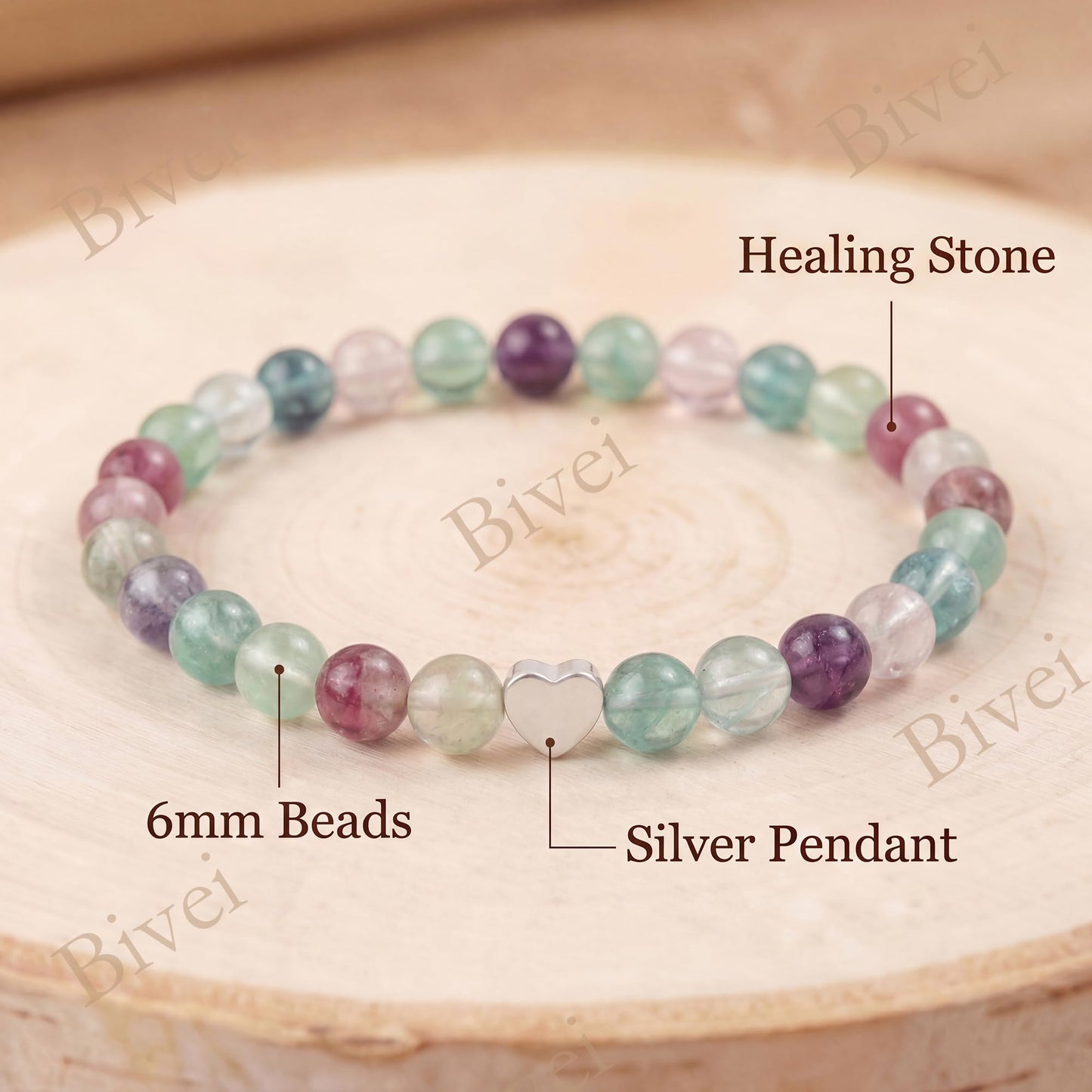 Bivei 6mm Fluorite Crystal Stretch Bracelets for Women, Handmade Natural Stone Beaded Bracelet, Yoga Protection Jewelry Gift