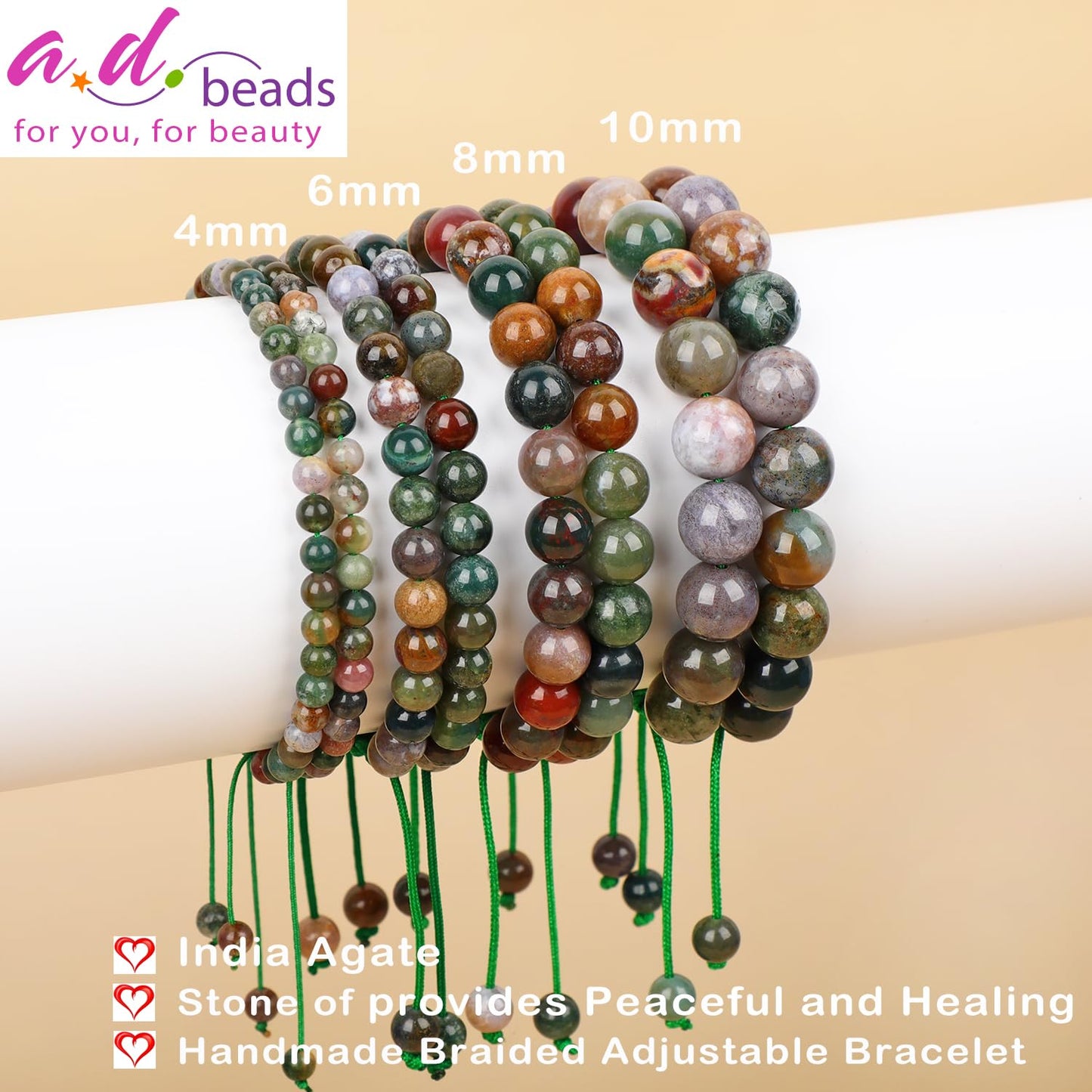 AD Beads 8mm India Agate - Peaceful - Handmade Natural Stone Crystal Bracelet with Adjustable Macrame String - Yoga Healing Power Energy Gifts for Men and Women