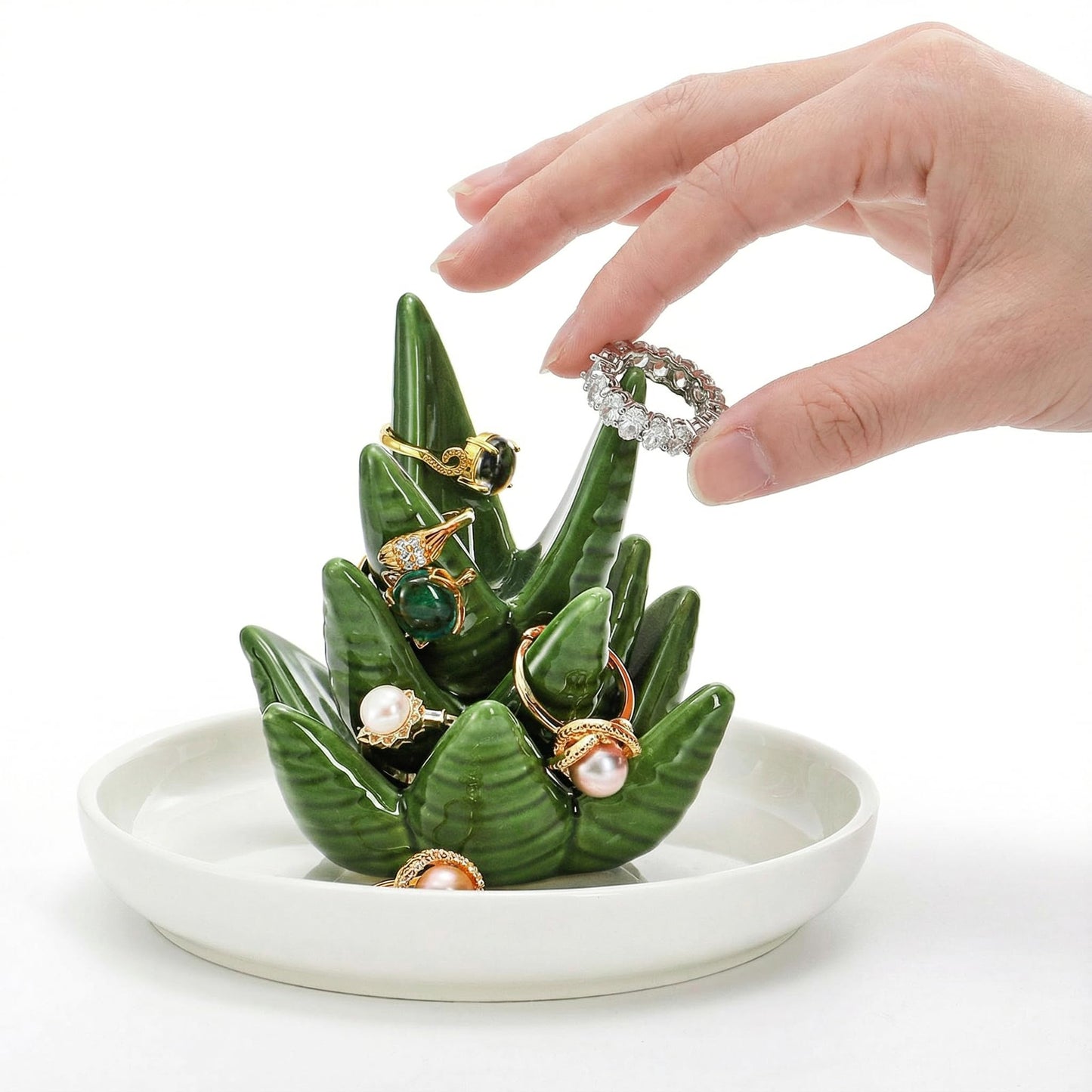 Elsjoy Set of 2 Ceramic Ring Holder Dish, Decorative Round Jewelry Display Trays, Aloe & Cactus Small Trinket Plate for Home, Gift, Mother's Day