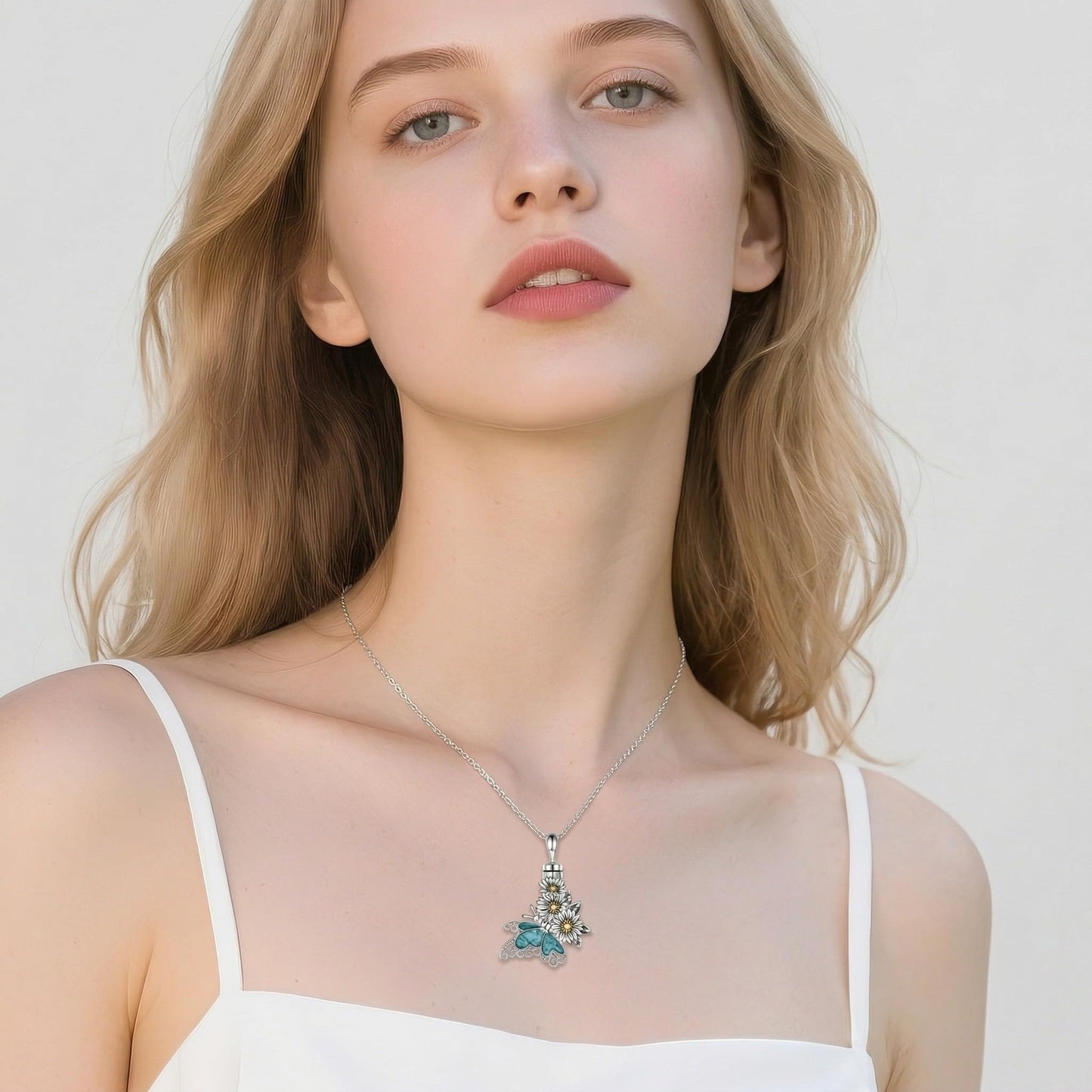 HKPATOP Butterfly Urn Necklace for Ashes 925 Sterling Silver Turquoise Daisy Pendant Cremation Memorial KeepsakeJewelry Gift for Women