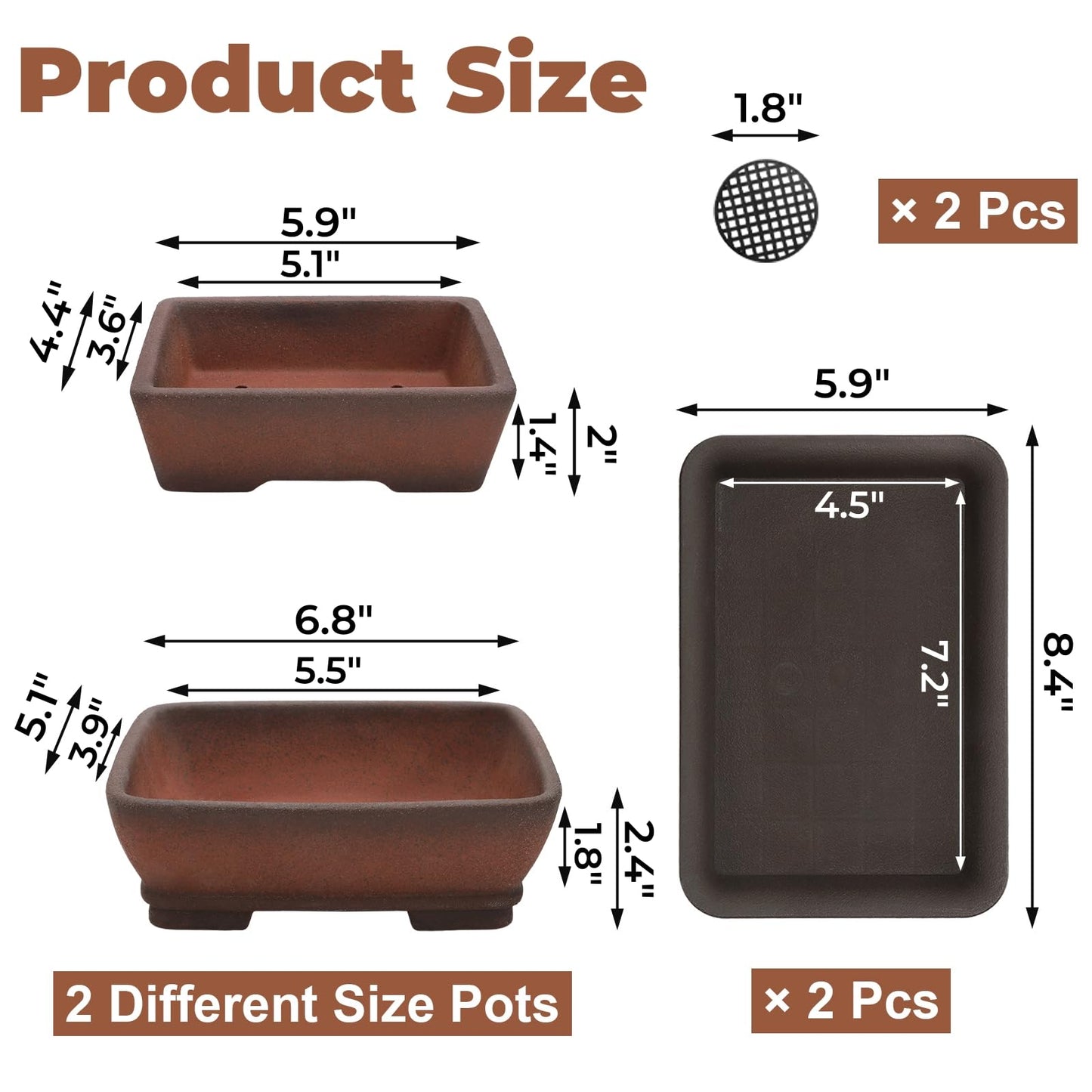 ELFULLY 2 Pack Ceramic Bonsai Pots with Drainage Tray, 6" and 7" Unglazed Rectangle Bonsai Tree Planters, Bonsai Training Pots, Succulent Cactus Planter with Drainage Hole for Outdoor Indoor, Brown