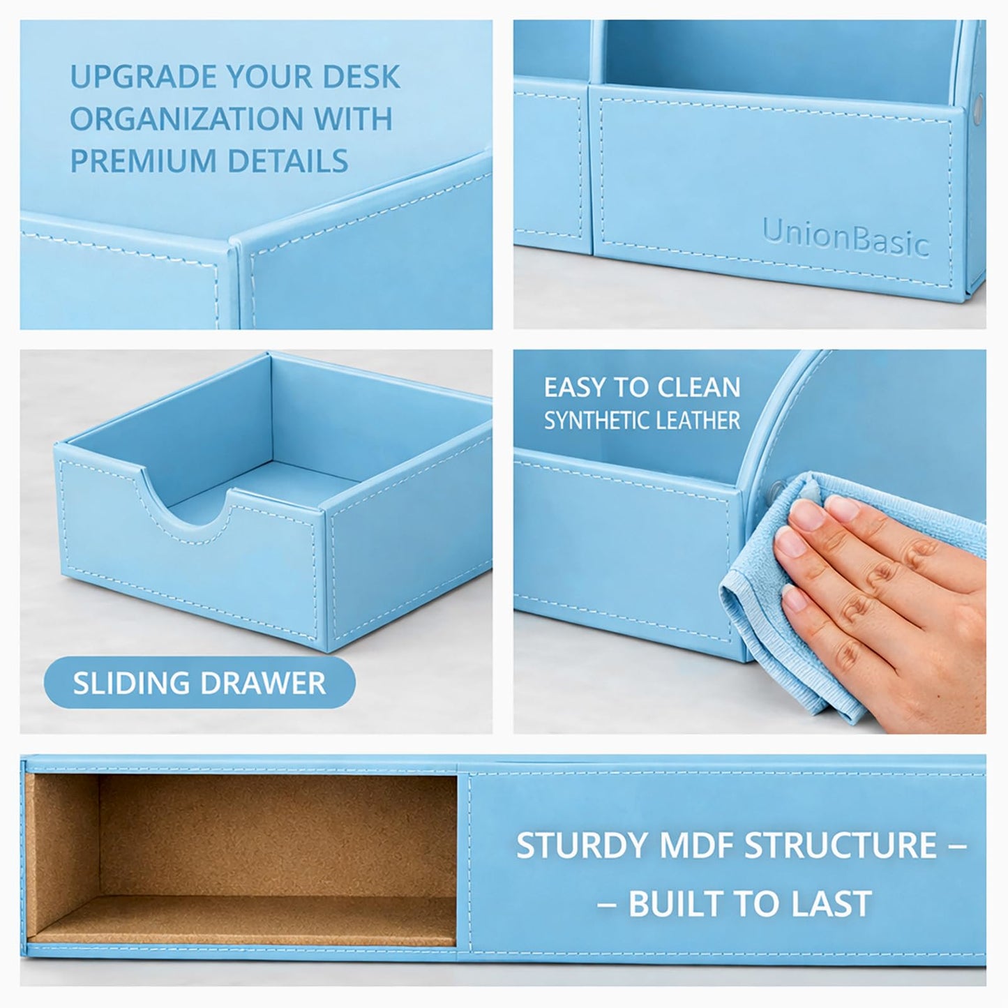UnionBasic Desk Organizer - Multifunctional Leather Desktop Pen Holder Storage Box - Business Card/Pen/Pencil/Mobile Phone/Stationery Holder, Blue