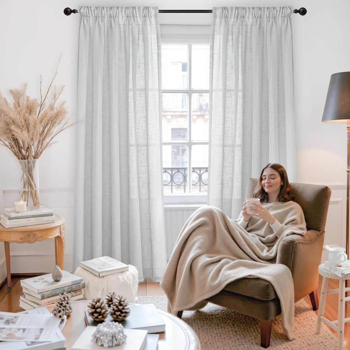 Light Grey Linen Semi Sheer Curtains 52 X 84 Inch Length for Living Room (2 Count)