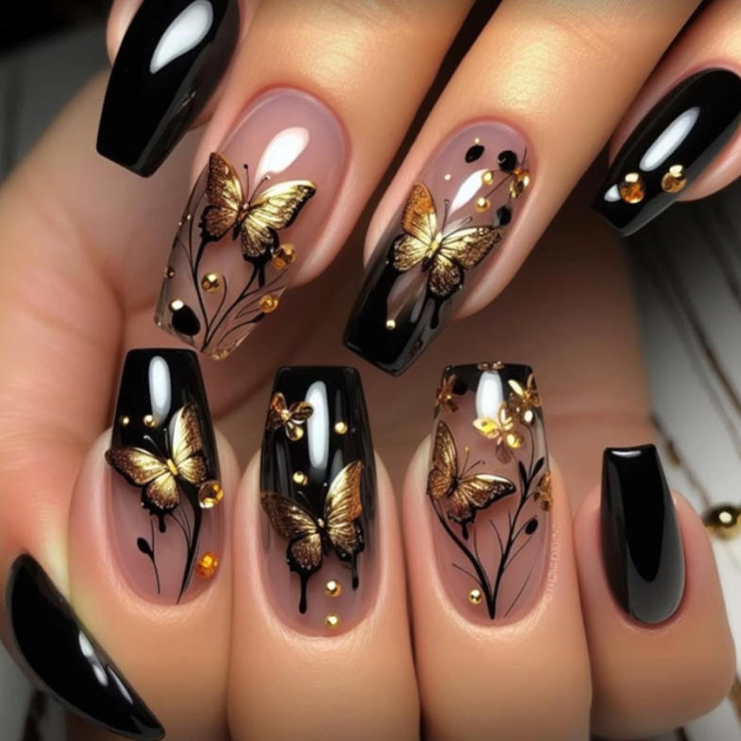 IMRAIN Coffin Press on Nails, Medium Fake Nails, Glitter Butterfly Design, 24 Pcs Reusable Glue on Nails for Women, Salon Quality