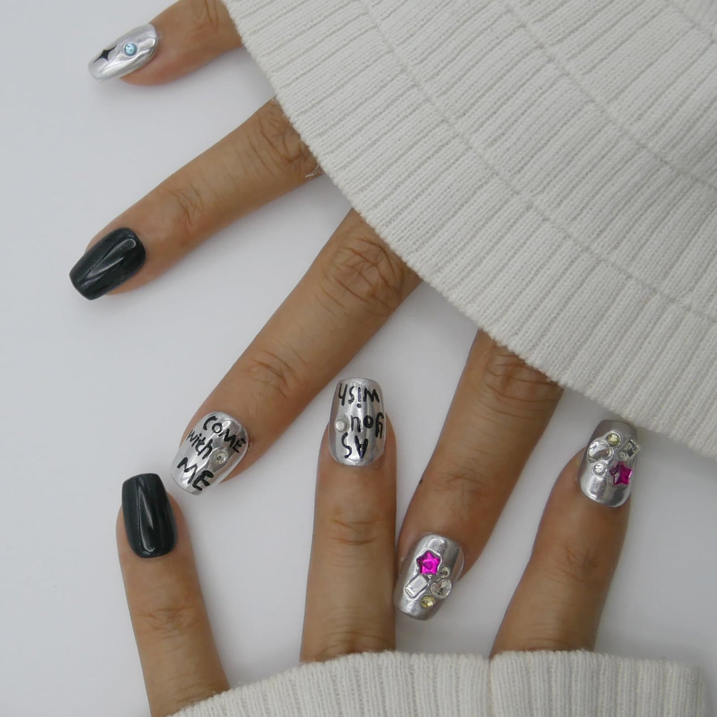 Short Square Press-On Nails, Black and Silver with Rhinestones, Star and Letter Design, 10 Pieces,S-Size