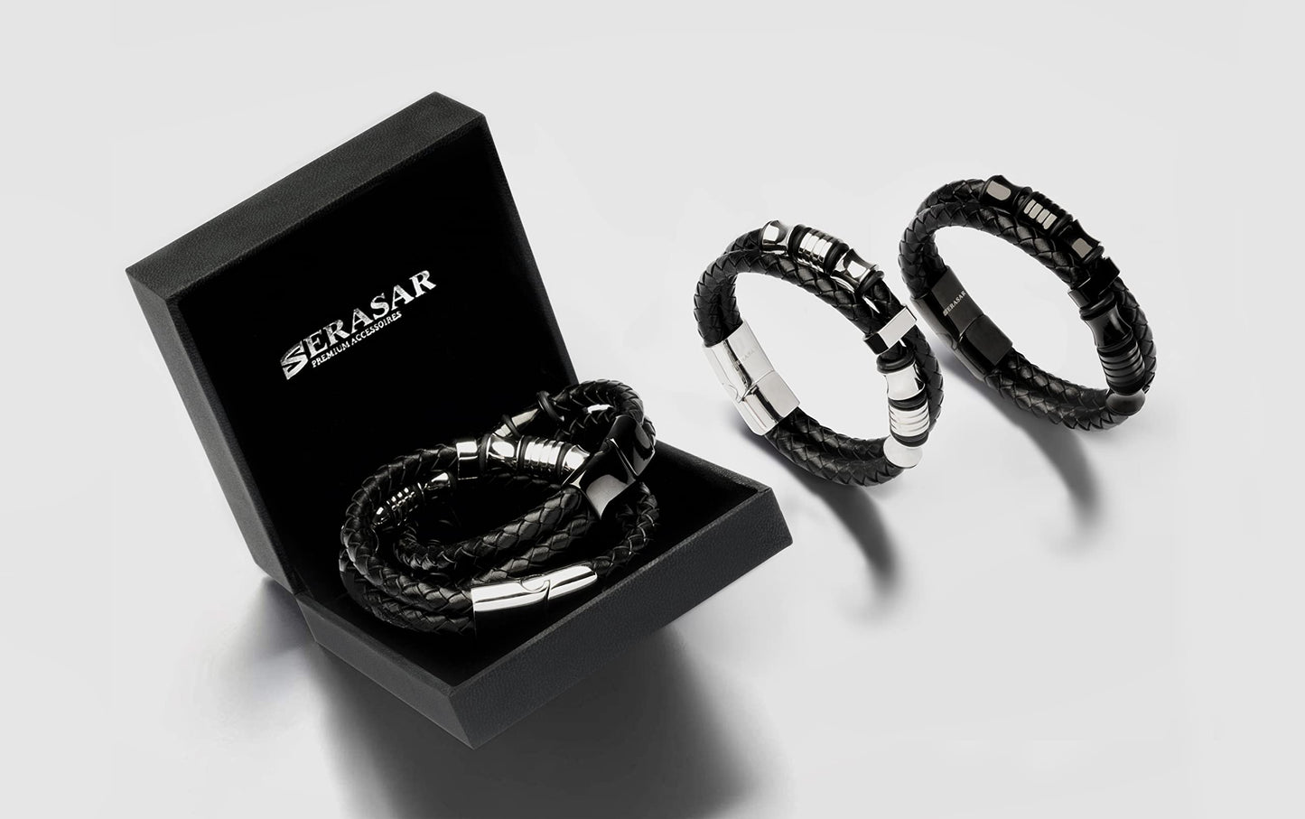 SERASAR Mens Silver Bracelets 17cm Bracelet Men Gift Box Genuine Leather Cowhide Braided Magnetic Clasp Multi Layer Wrap Rope Man Mans Male Band Jewelry Magnet Accessories