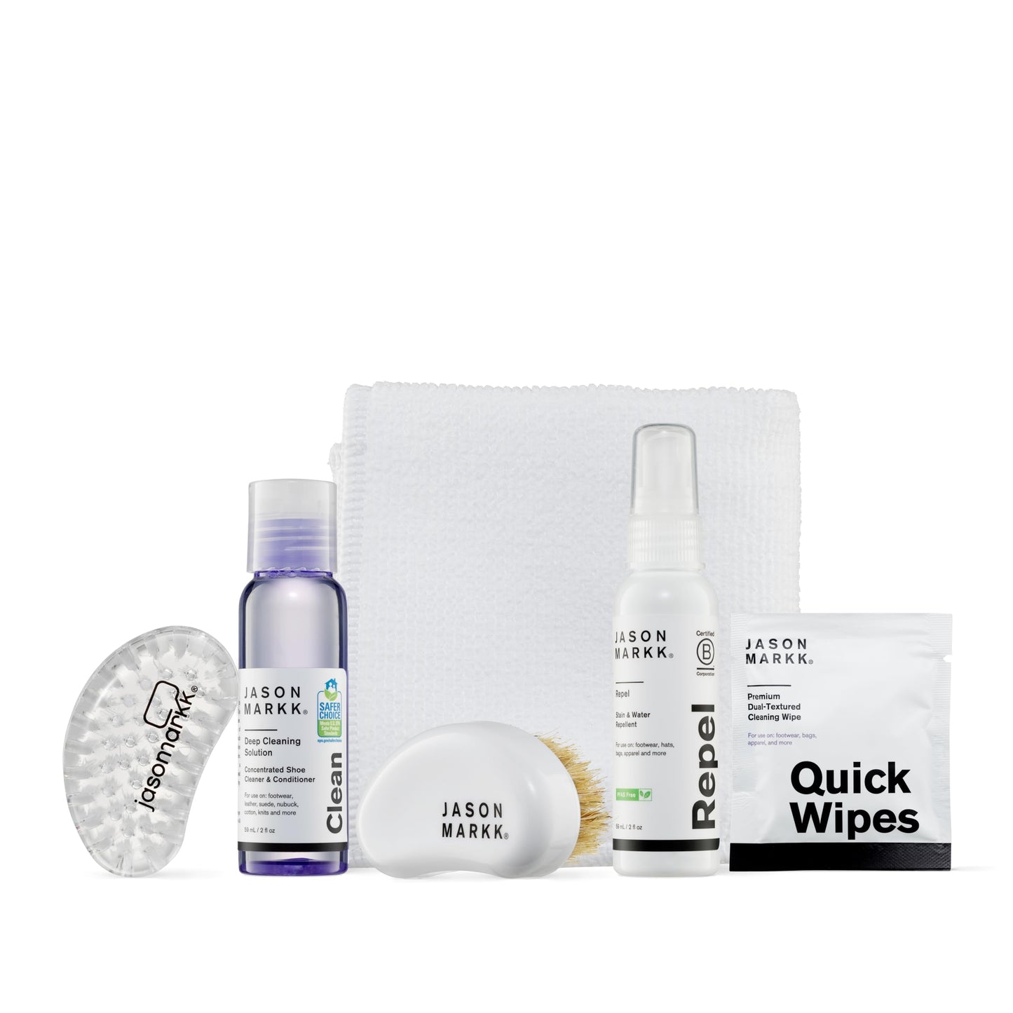 Jason Markk Starter Box, Shoe Cleaning Kit, 6-Piece Set, Deep Cleaning Solutions, Two Brushes, & Microfiber Towel, Sneaker Care, Ideal for Footwear, Safe on Leather, Suede, Nubuck, Cotton, Knits, 2oz