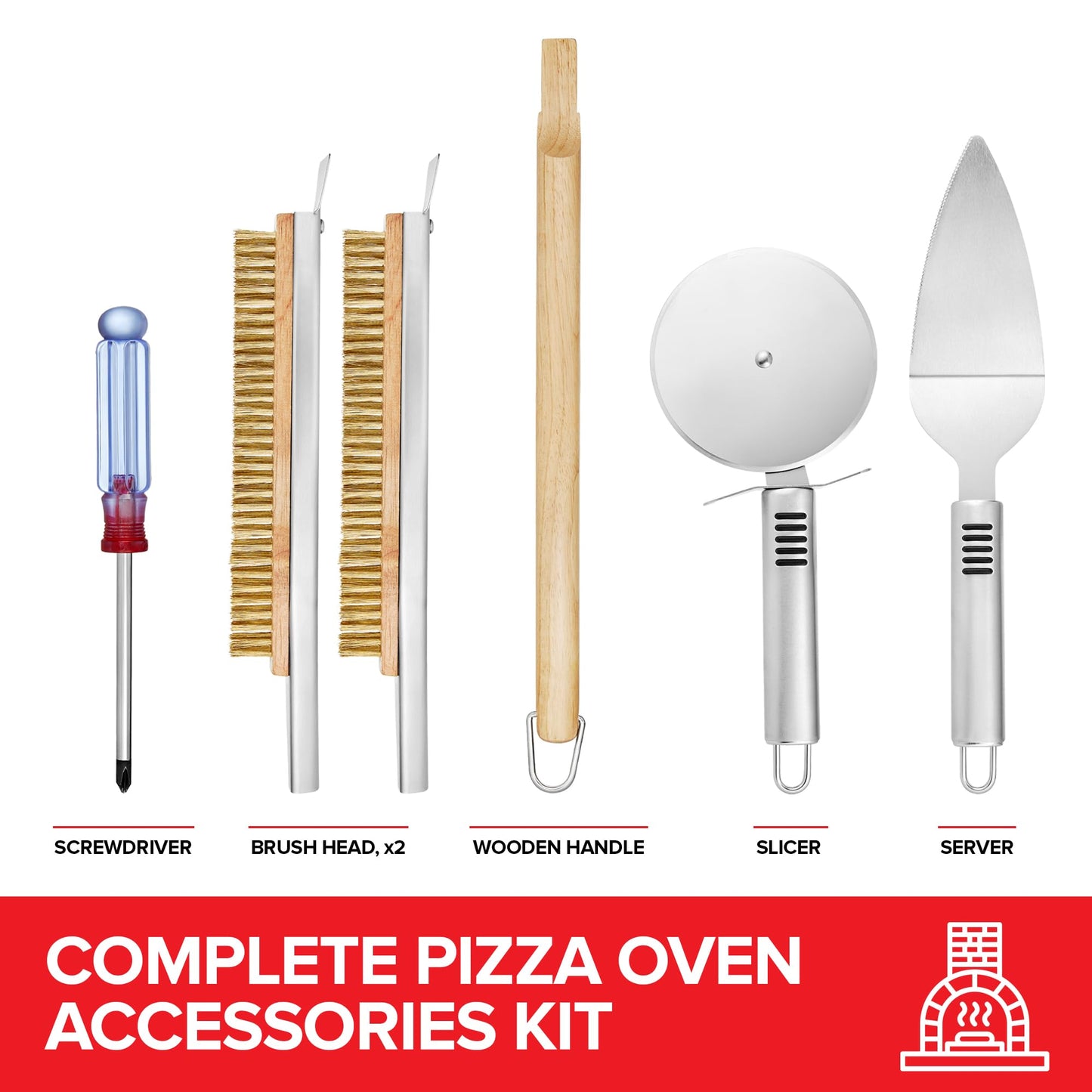 Essential Pizza Oven Accessories Kit- Includes Extra-Long Wooden Handle, 2 Brush Heads with Stainless Steel, Heat-Proof Bristles- + Slicer & Server |Works on Gozney, Blackstone & Pizza Ovens