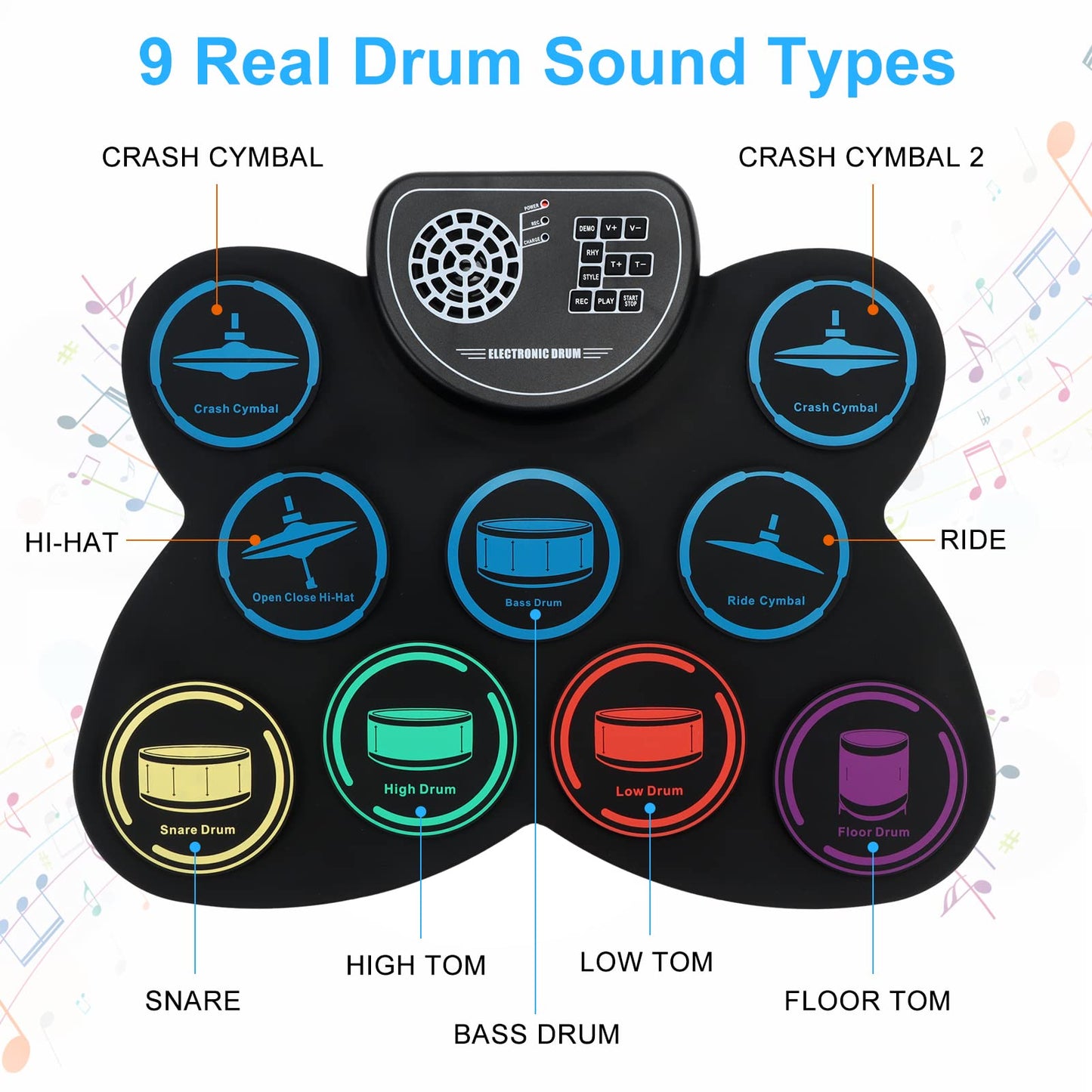 Electronic Drum Set, Marrilley 9 Drum Practice Pad with Headphone Jack, Roll-up Pad Machine Built-in Speaker Drum Pedals Sticks 10 Hours Playtime, Great Holiday Xmas Birthday Gift for Kids