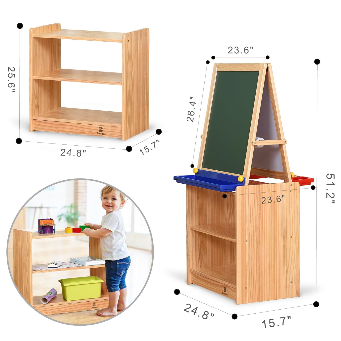 Bolocon Dual-Sided Magnetic Art Easel, Wooden Activity Station w/ 2-Tier Storage Cabinet, Art Center for Toddlers, Classroom Whiteboard & Chalkboard
