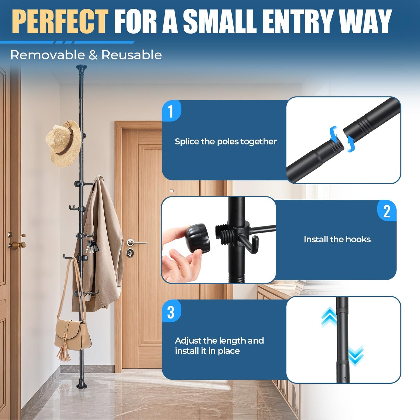 EUIJOIP Coat Rack Freestanding with 12 Hooks - Multi-Purpose Organizer for Entryway, Bathroom, Corner & Plant Storage, No Drilling, Height Adjustable, Stainless Steel