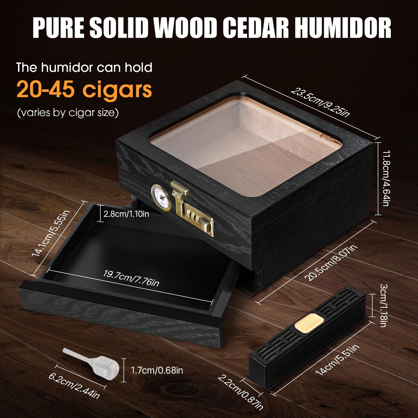 Tesonway Cigar Humidor, Cedar Wood Humidor Cigar Box, Glass Top Desktop Humidor with Front Hygrometer, Humidifier, Divider, Accessories Drawer and Combination Lock, Cigar Gifts for Men (Black)