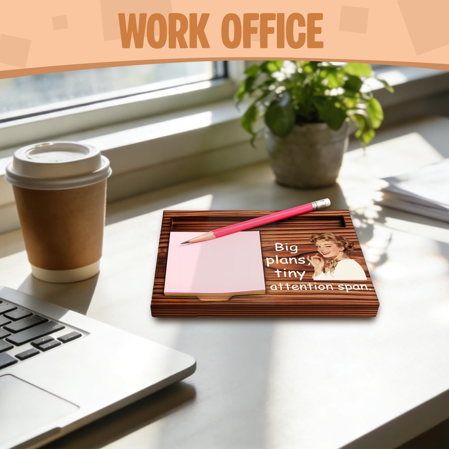 Funny Office Gift for Coworker, Sticky Note Holder Desk Organizer, Big Plans Tiny Attention Span Humor Desk Decor Appreciation Present YCB173