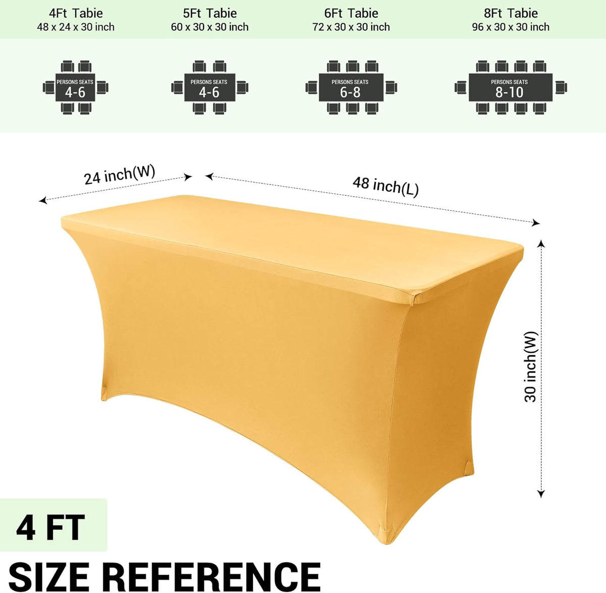Obstal 4Ft Stretch Spandex Table Cover for Standard Folding Tables - 2 Pack Universal Rectangular Fitted Tablecloth for Party, Banquet, Events, Trade Show (Gold, 48L x 24W x 30H Inches)