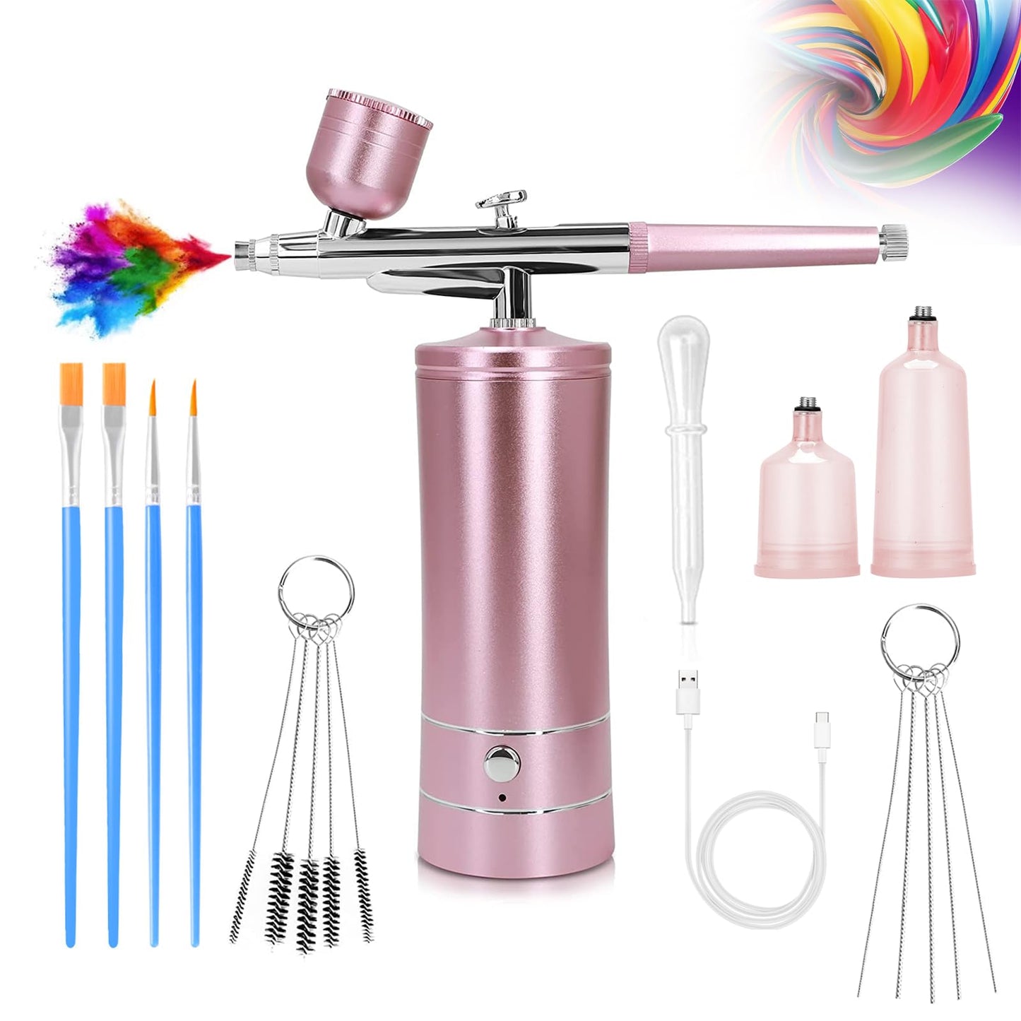 Airbrush Kit Air Brush Kit With Air Compressor Nail Charms Wireless Air Brush for Barber, Nail Art,Makeup, Model Painting (Pink)