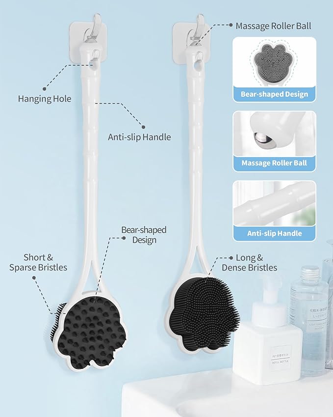 Manmihealth 15.7" Cute Back Scrubber & Soft Silicone Shower Brush Face Scrubber Set (3 PCS), Paw-Shaped Silicone Back Brush & Body Facial Scrubber with Super-Soft Bristles Combination(BlackSet)