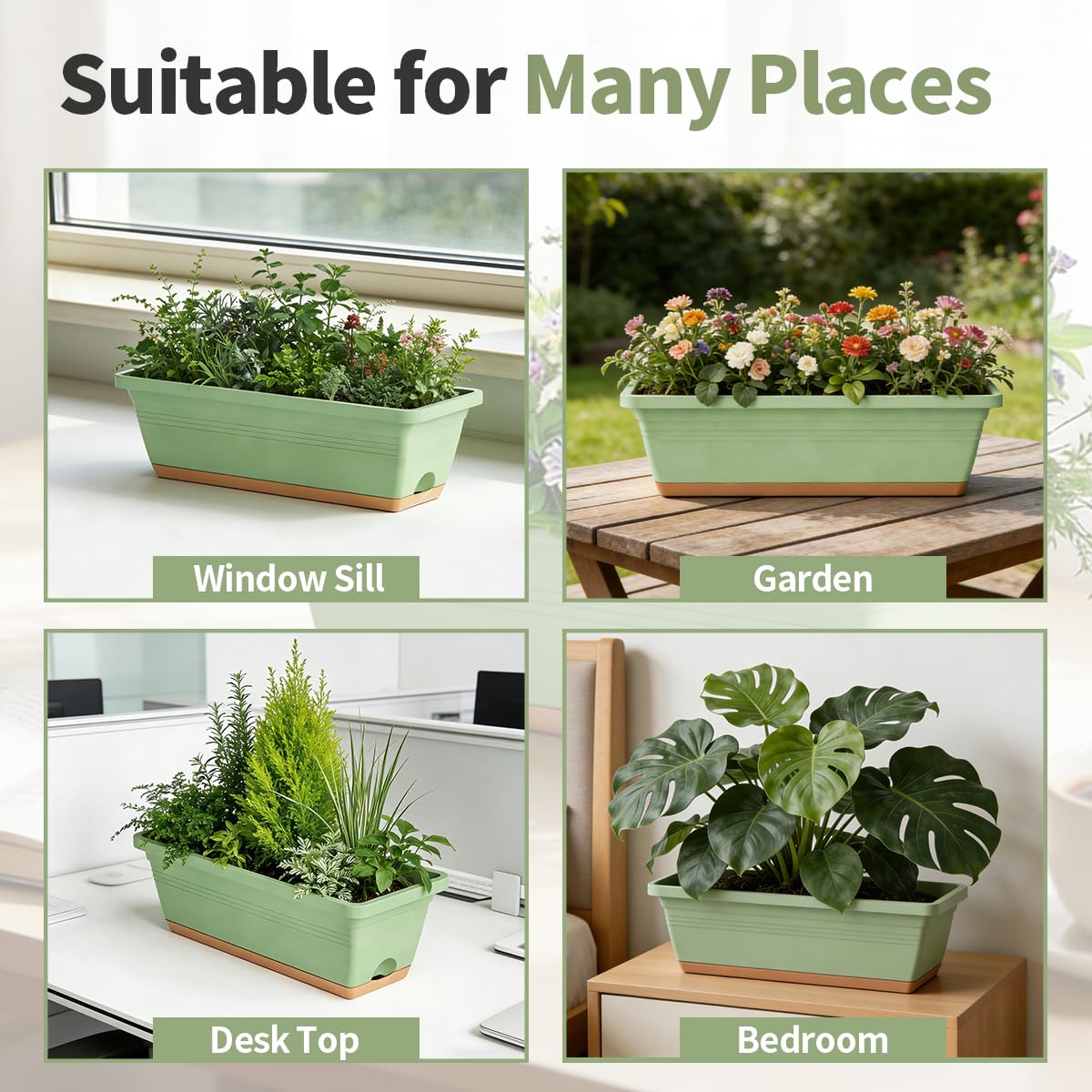 LESOASIS Window Box Planter, 6 Pack Plastic Vegetable Flower Window Planters Boxes 16 Inches Rectangular Flower Pots with Drainage Holes and Saucers (Green)