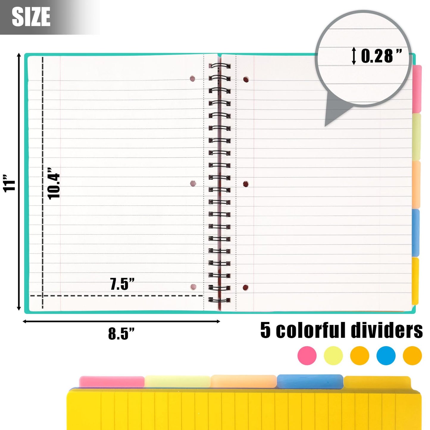 HIBOX Spiral Notebook with Tabs, 8.5x11inch Hardcover College Ruled Journals with Deviders 5 Subject Project Notebook Perforated Edges for School Office, Green