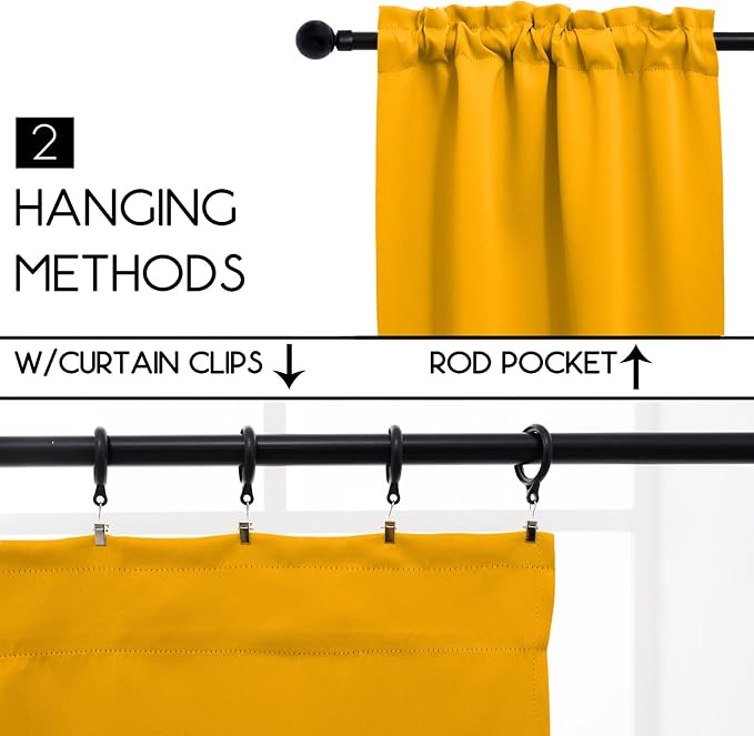 Pickluc Cafe Curtain (Half Window Tier Curtain) 24 Inches Length, Rod Pocket Kitchen Curtain, Short Blackout Curtain for Small Window, 30" Wide and 24" Long, 2 Panels, Mustard Yellow