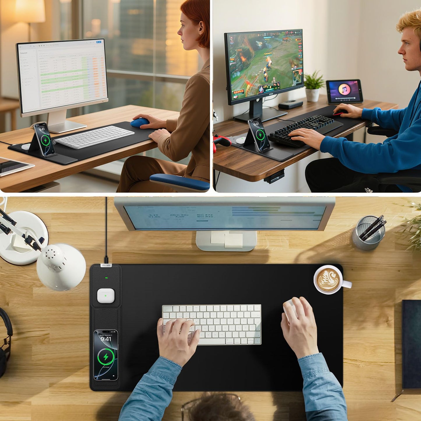 Wireless Charging Mouse Pad with Foldable Phone Holder, 31.5"x15.8" Extended Desk Mat for Laptop/Keyboard, Waterproof Ultra-Smooth Surface, Non-Slip Base & 20W PD Adapter, Black
