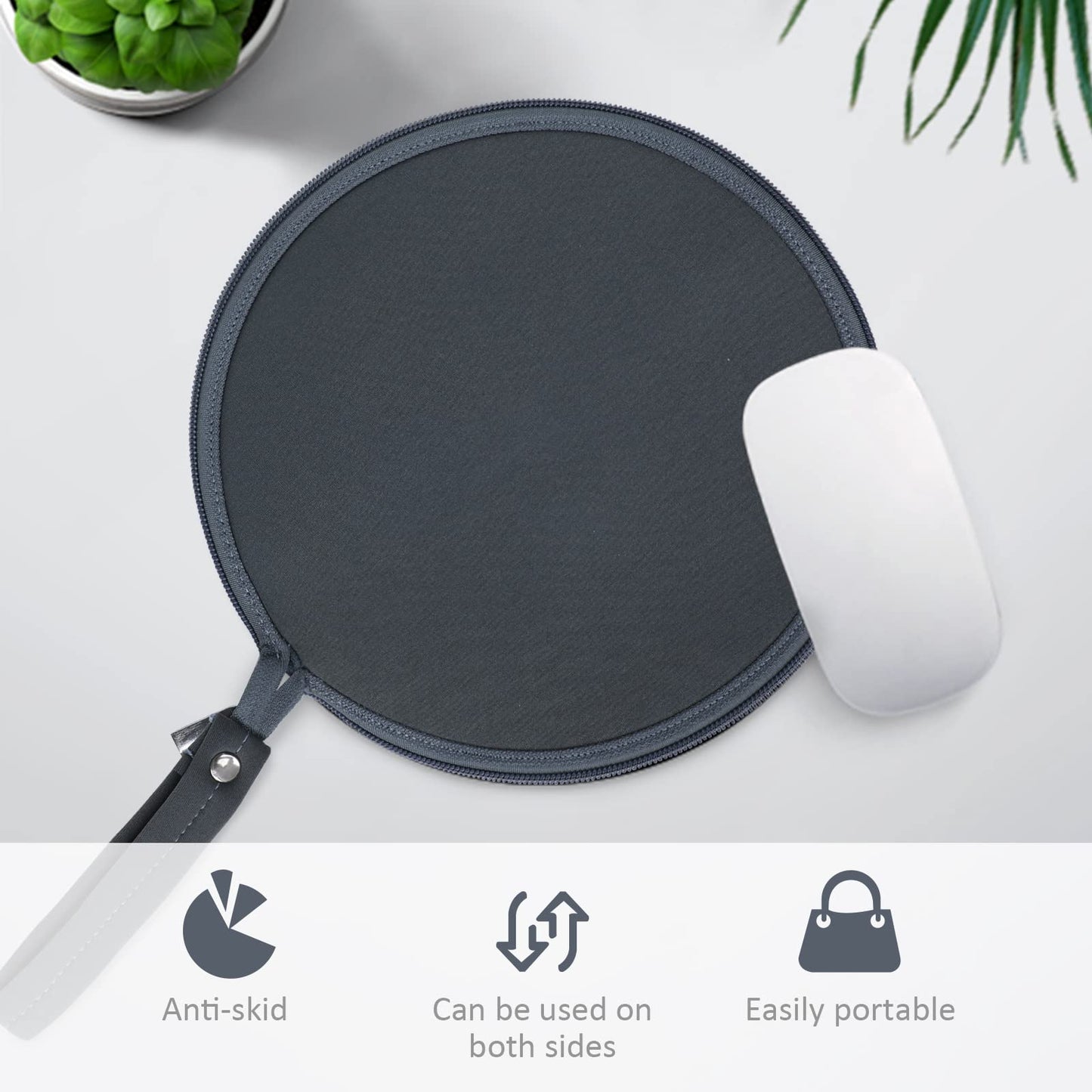 OLizee 2 in 1 Convertible Round Travel Mouse Pad Mat and Case with Zipper Pouch for Outdoor Business Trip