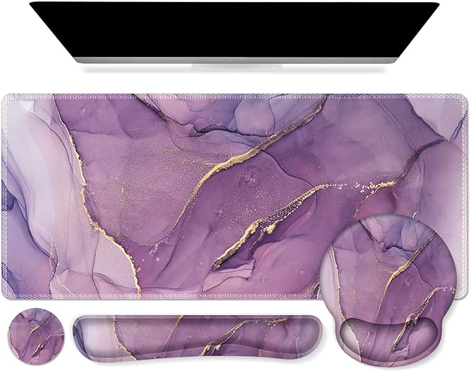 iCasso Purple Ergonomic Large Mouse Pad with Wrist Support, 4in1 XXL Desk Mat Set- Keyboard Wrist Rest + Mouse Wrist Rest + Coaster, Marble Style Desk Pad Mousepad