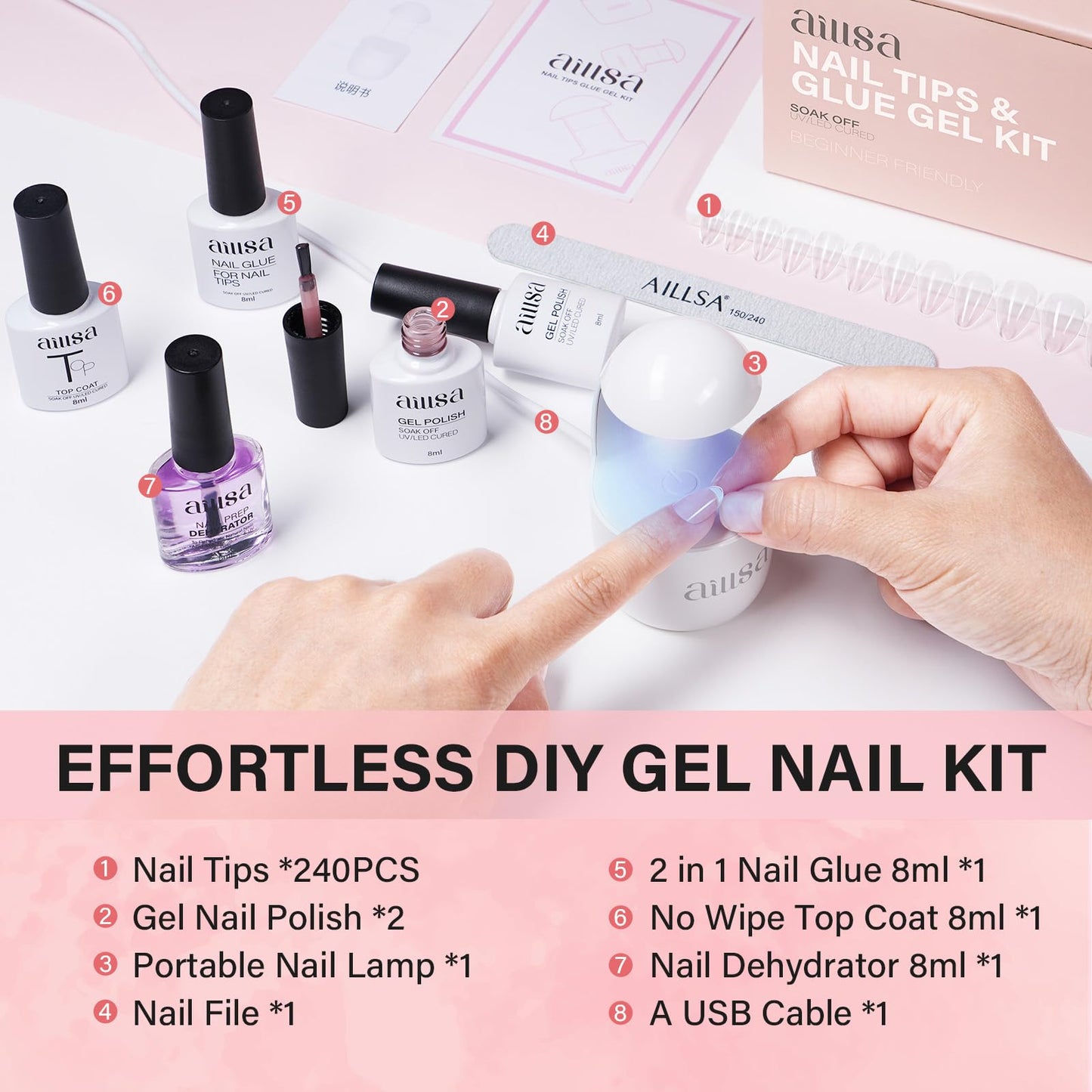 AILLSA Almond Nail Kit with U V Lamp 240pcs Short Gel Nail Tips and Glue Gel Kit with 2 in 1 Nail Glue Base Top Coat and Nail Dehydrator for Beginners DIY Home Salon