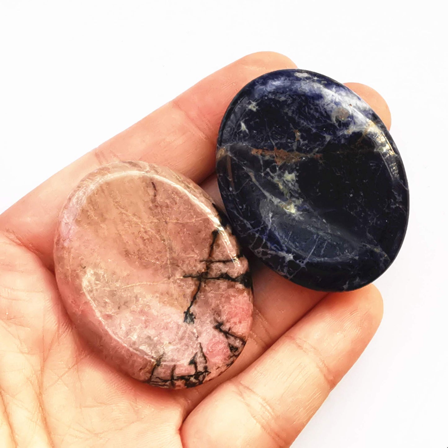 Bacatgem 2 Pcs Natural Sodalite and Rhodonite Crystal Thumb Worry Stone,Stress Relax Healing Reiki Crystal Pocket Palm Stones