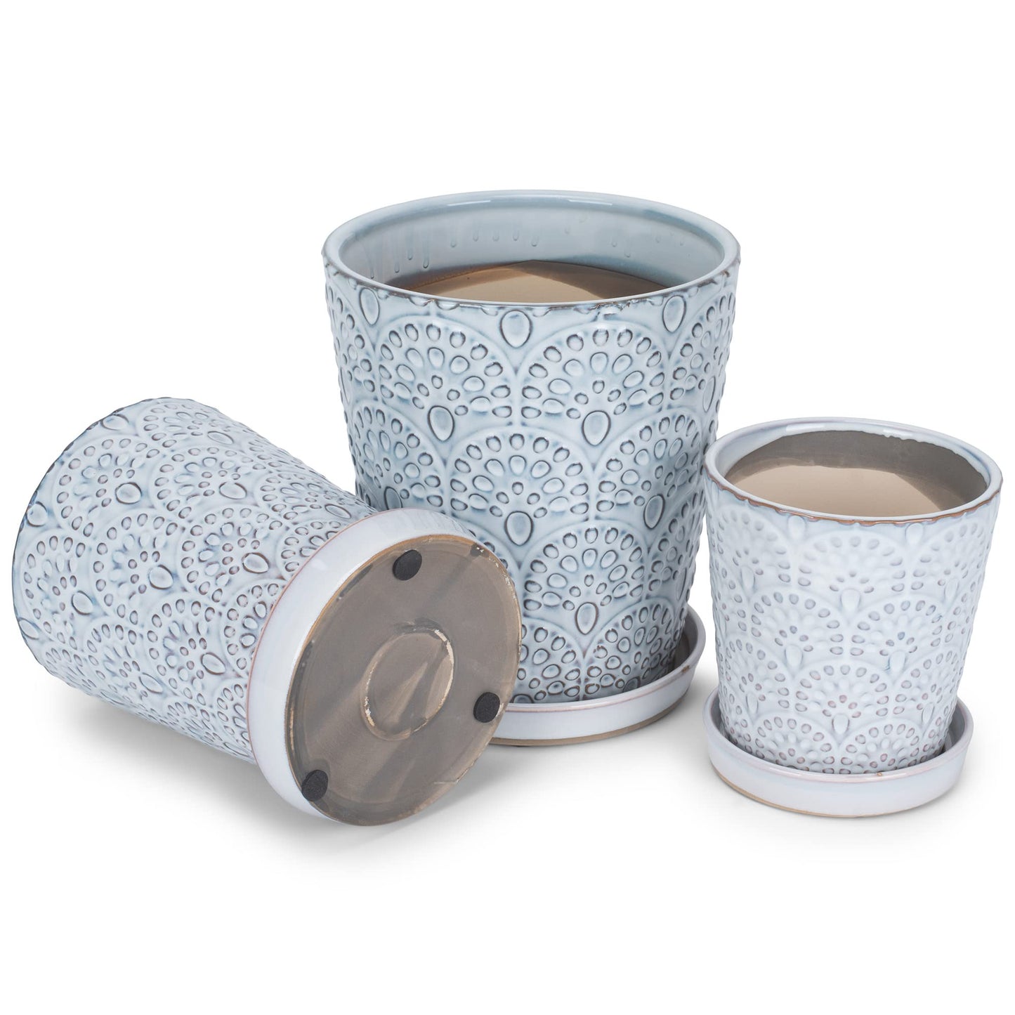 Napco Embossed Scallops White Ceramic Flower Pot Planter with Saucer Set of 3