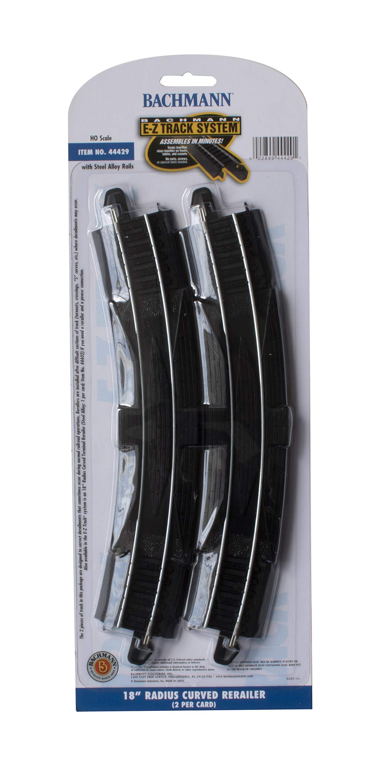 Bachmann Trains - Snap-Fit E-Z TRACK 18” RADIUS CURVED RERAILER (2/card) - STEEL ALLOY Rail With Black Roadbed - HO Scale