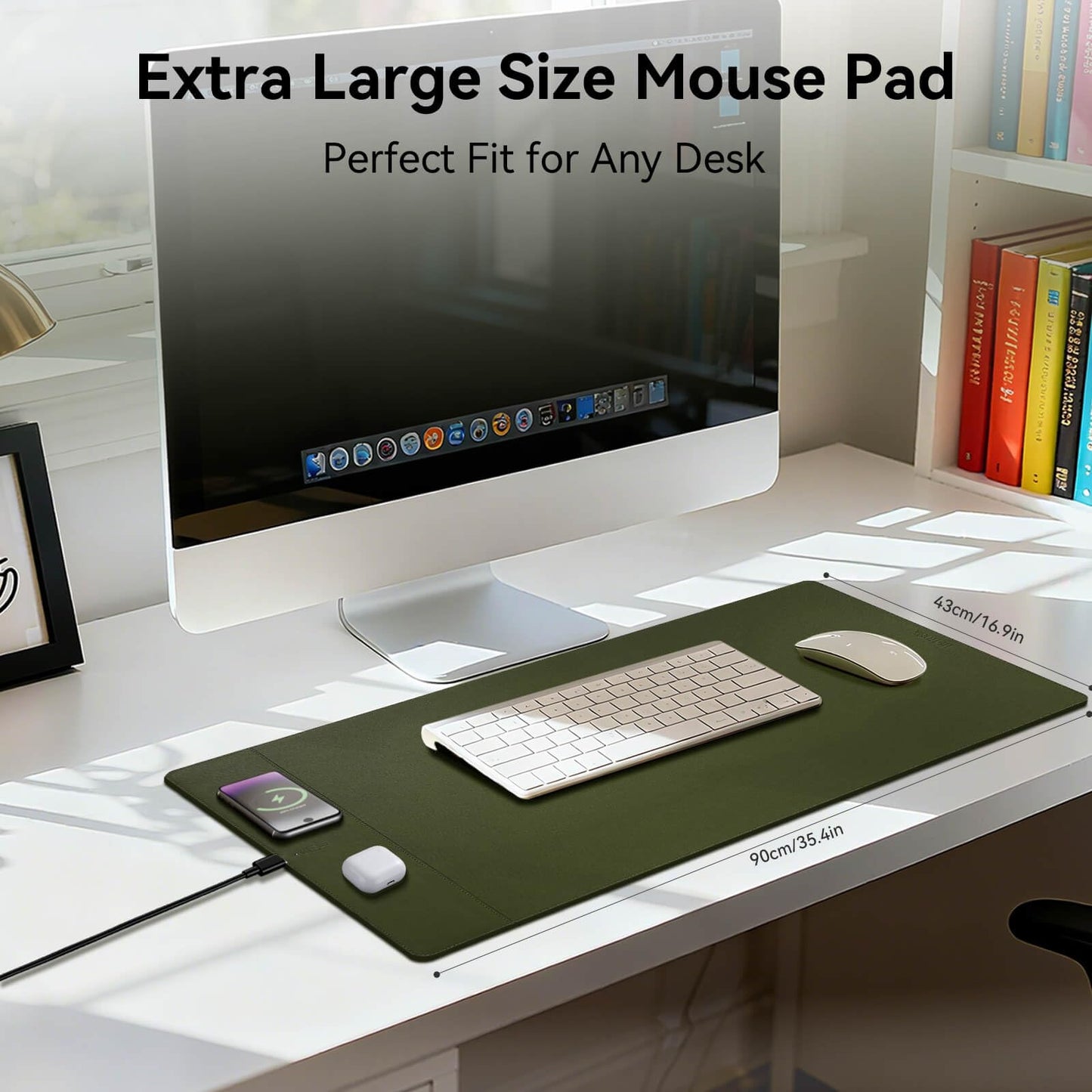 Hi-HONX Wireless Charging Mouse Pad, 15W Fast Charge Magnetic Charger Desk Pad, Large Office Desk Mat (35.4"x16.9") with Ultra-Smooth Surface, Military Green Computer Mousepad for MacBook, PC, Laptop