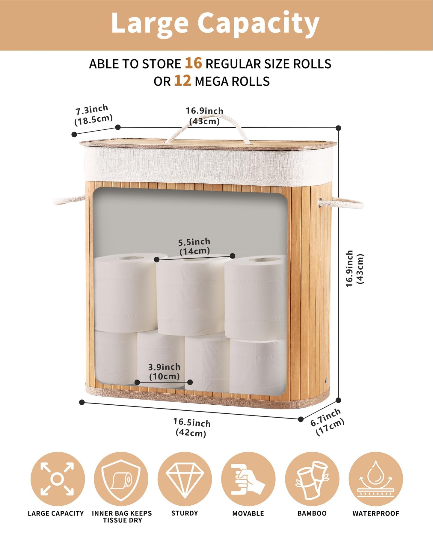 WAOHANAZ Bamboo Toilet Paper Storage with Lid & Handel, 8 Gallons (30L), Sturdy Toilet Paper Basket, Organizer for Bathroom, Kitchen, Holder with Storage, Natural