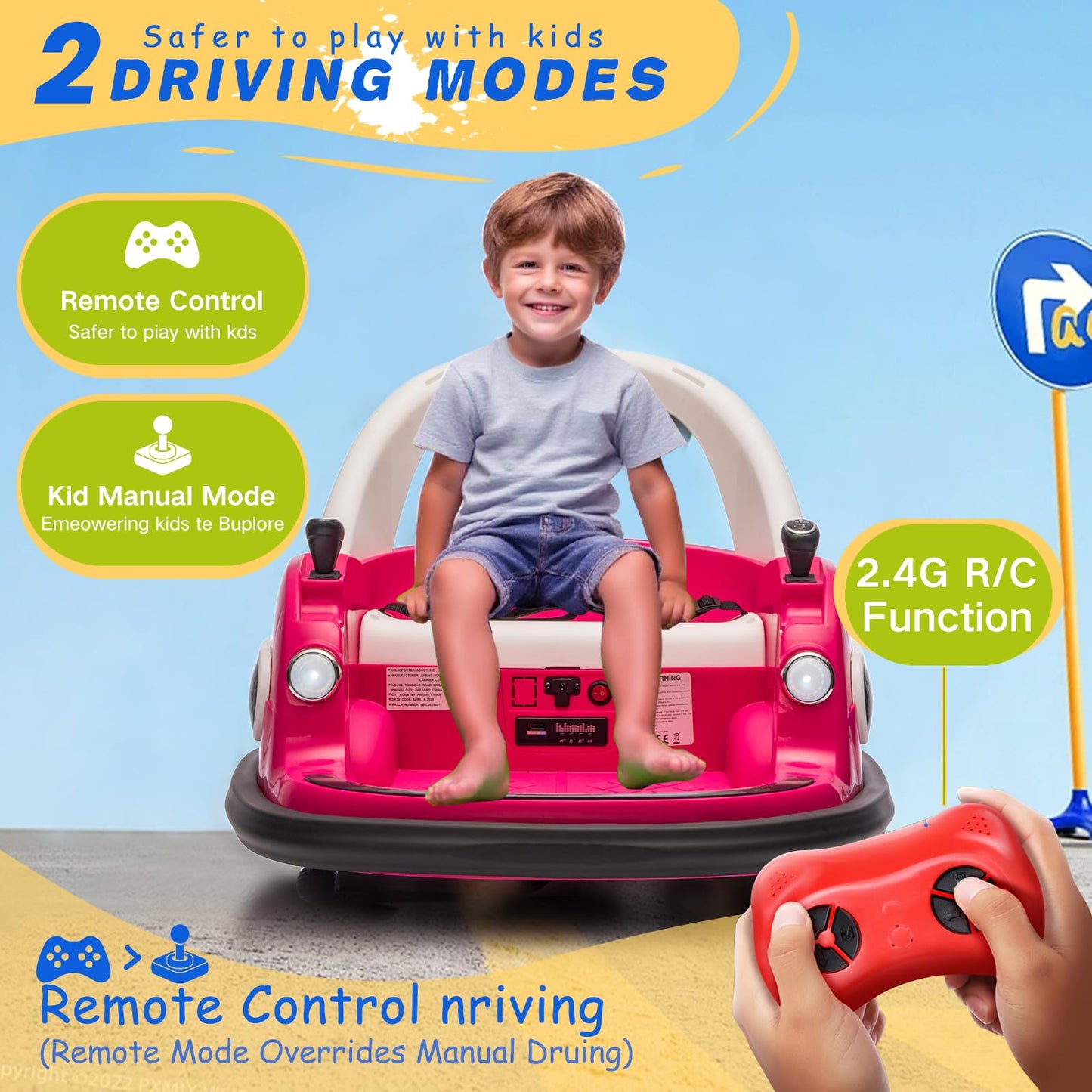 AOKOY Bumper Car for Kids, 12V Kids Ride On Toy with Parent Remote Control, Baby Electric Bumping Car w/ 360 Degree Spin, LED Lights, Rose Pink