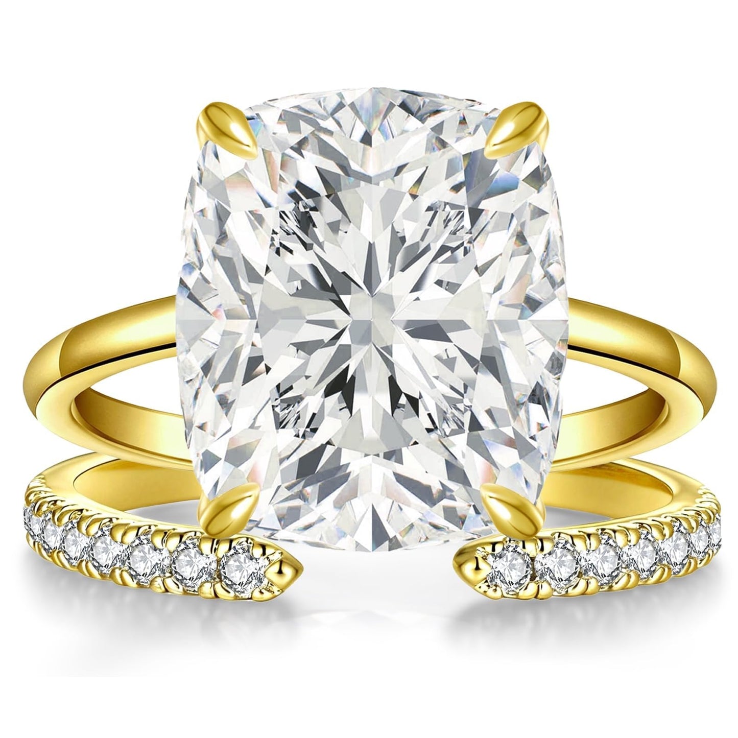 AVECON 5CT Elongated Cushion Cut Engagement Ring Set for Women, Wedding Promise Cubic Zirconia Band, 14K Gold Plated Stackable Adjustable Bridal Half Eternity Open Rings, Size 6