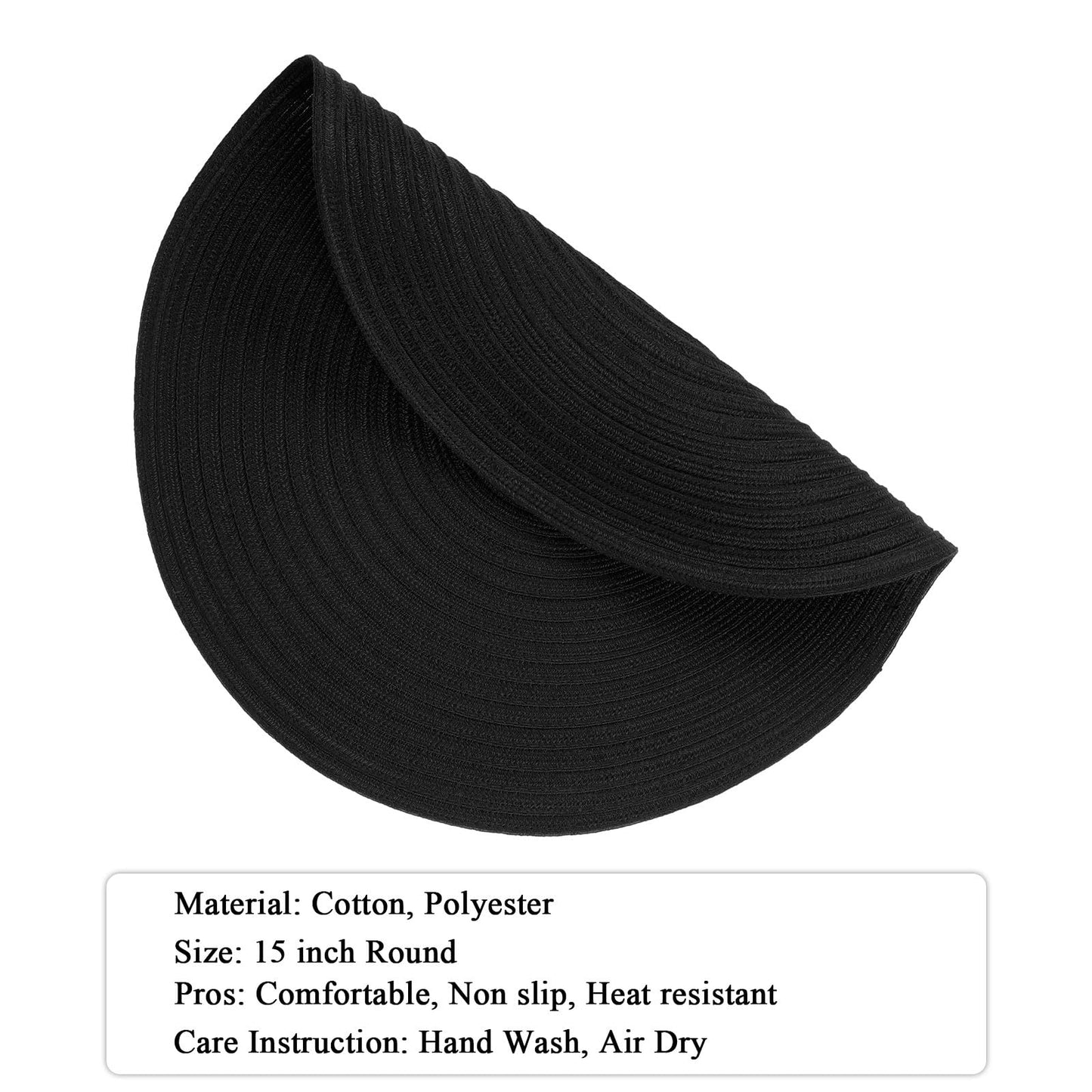 SHACOS Round Braided Placemats Set of 4 Heavy Cotton Polyester Washable Round Table Mats for Dining Tables 15 inch Non Slip Heat Resistant (Black, 4)