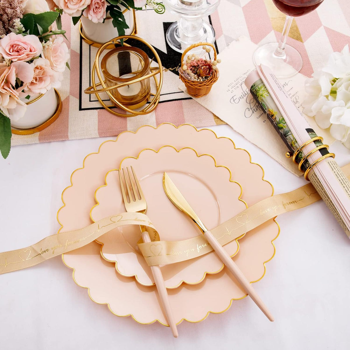 LIYH 60pcs Pink Plastic Plates with Gold Disposable Plates Includes: 30 Dinner 10.25" and 30 Dessert Plate 7.5" Gold Plastic Baby Shower Plate Set
