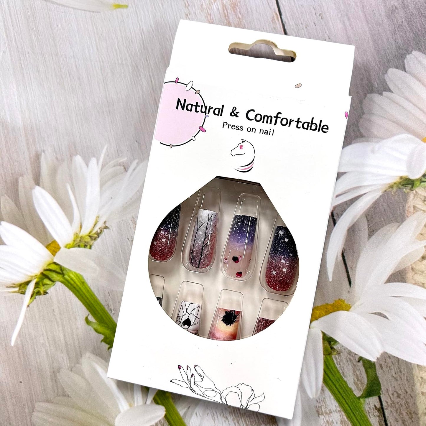 CJDLTS Press on Nails Medium Square Starry Sky False Nails Heart Fake Nails Press on Nails with Design Rhinestones Stick on Nails Artificial Acrylic Glitter Nails Full Cover Glue on Nails for Women