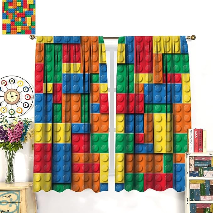 Building Block Toy Curtain Rod Pocket Children's Nursery Abstract Outline Colorful Toy Cartoon Theme Brick Geometric Print Curtain, Blackout Curtain for Boys and Girls Room 63x63in