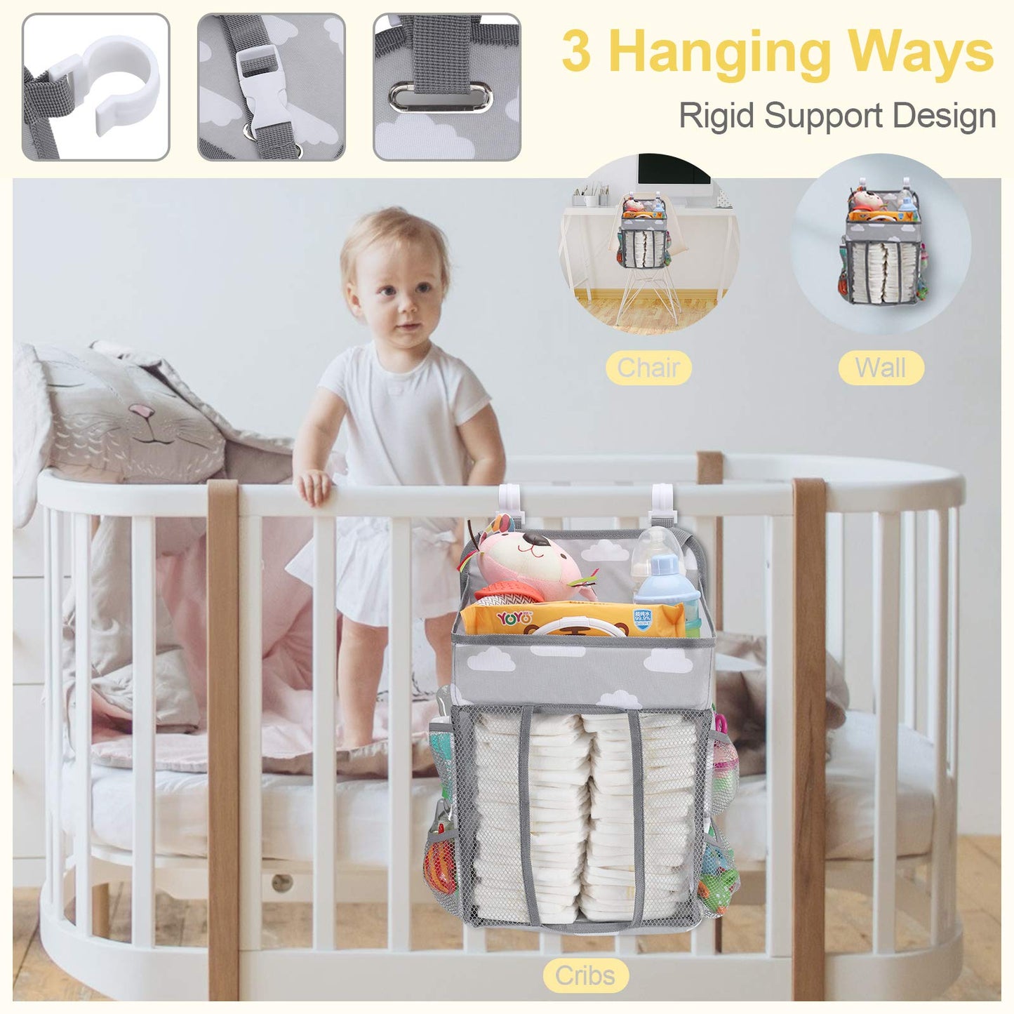 Accmor Hanging Baby Diaper Caddy Organizer, Diaper Stacker, Baby Crib Hanging Classified Storage Bag Organizer for Changing Table, Crib, Playard or Wall & Nursery Organization, Grey Cloud
