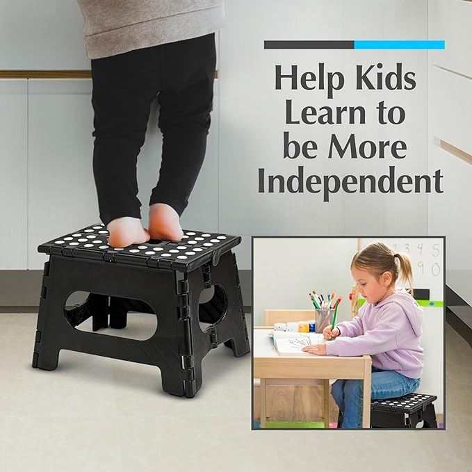 Handy Laundry Folding Lightweight Step Stool - Sturdy Enough to Support Adults and Safe Enough for Kids - Opens Easy with One Flip - Great for Kitchen, Bathroom or Bedroom (Black - 8 Inch)